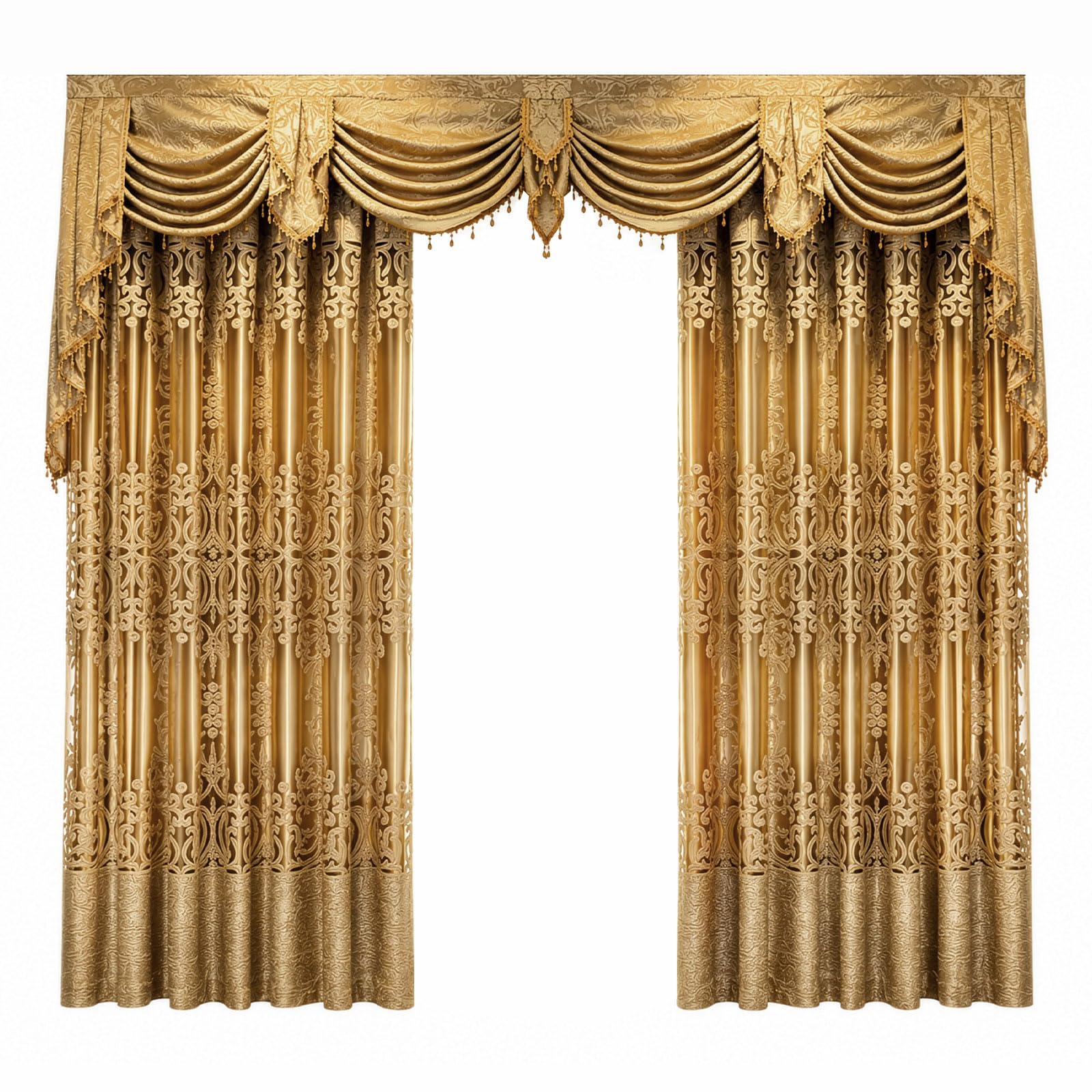 Luxury Chenille Curtains Set Gold Damask Embroidery Thermal Drapes with Sheer for Home Decorr