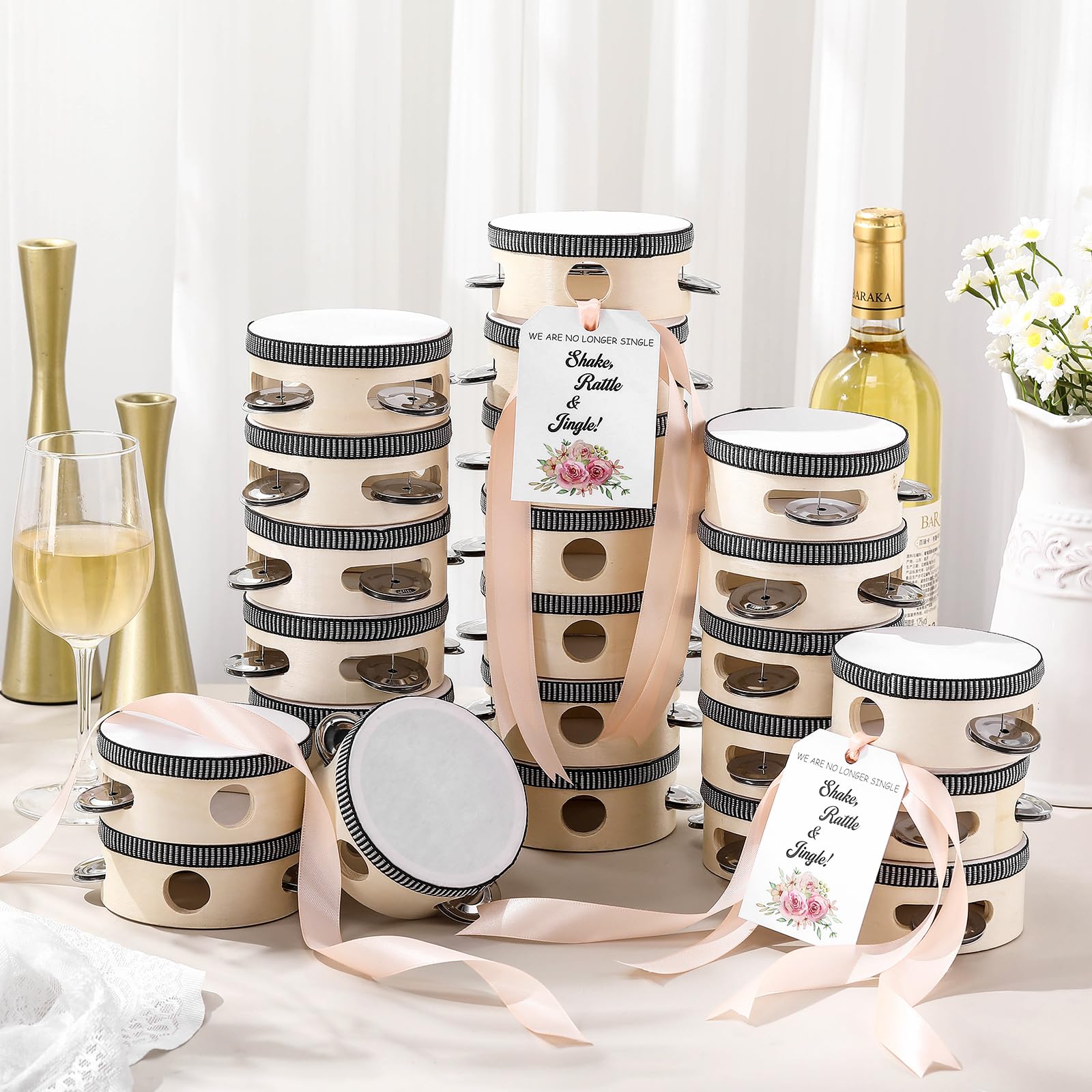 24 set 4 inch tambourine for adults tambourines bulk wooden hand held drum with metal jingles, gift tags, beige ribbon percussion gift musical instrument for church wedding party favor