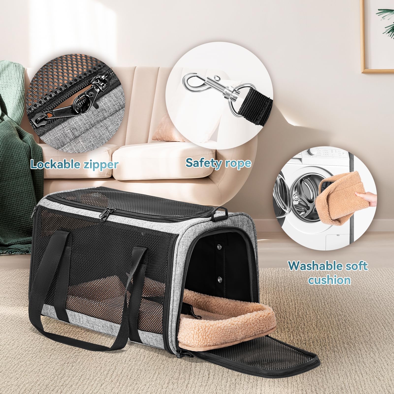 Petsfit Transportín para gatos y perros para coche, transportador para perros, plegable, con 2 hebillas patentadas para asiento de coche, red de 4 lados y cojín extraíble, L/gris