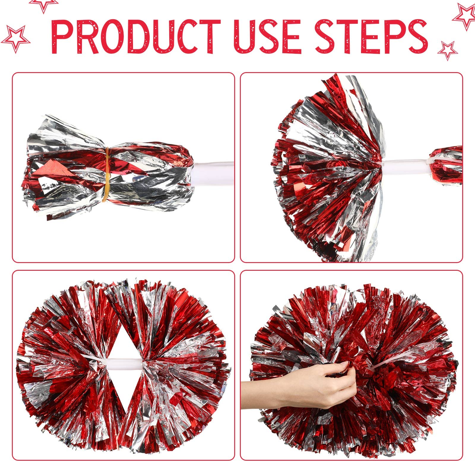 12 Pack Large Cheerleading Pom Poms, Cheerleader Pom Poms with Baton Handle, Metallic Foil Pompoms for Kids Adult for Team Sports Party Dance Cheering Squad Accessories, 14 Inch (Red, Silver)