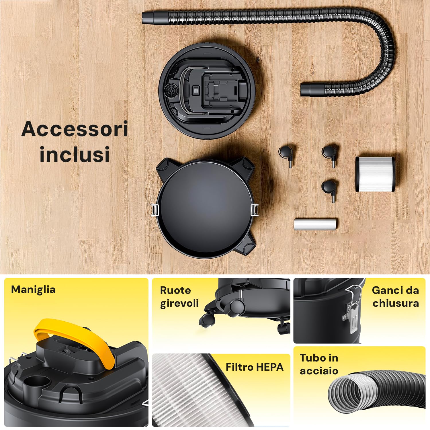 Avilia Bidone Aspiratutto 800W 20L Senza Sacco – Aspiracenere Stufa Pellet e Barbecue con Filtro HEPA, Aspiraliquidi con Ruote, Aspira Foglie in Metallo - Bidone Aspirapolvere Solidi e Liquidi