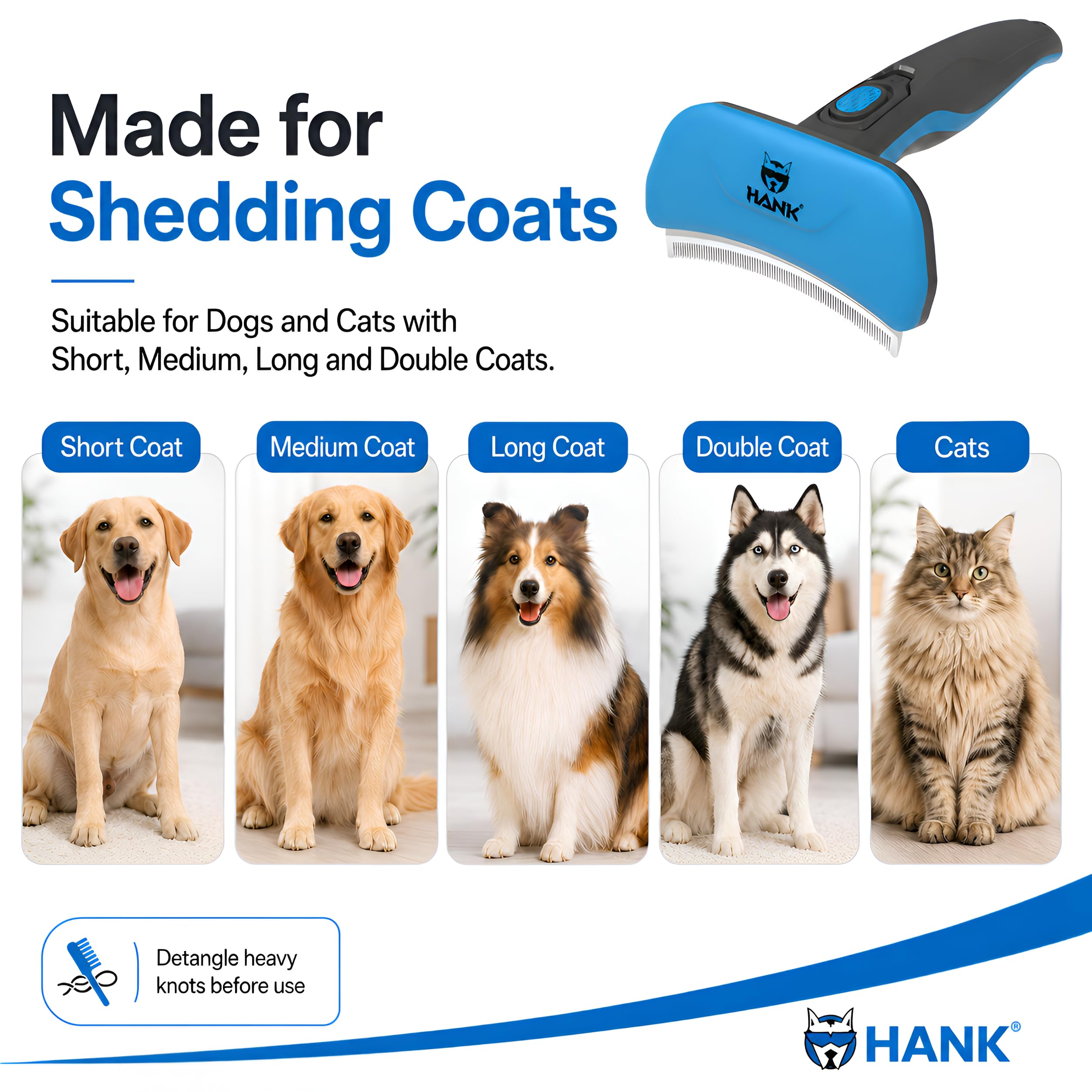 HANK Cepillo para perros – Hoja mejorada de 6 mm – Cepillo para perros para pelo corto, mediano y largo – Cepillo para gatos – Cepillo de aseo de mascotas – Reduce eficazmente el desprendimiento