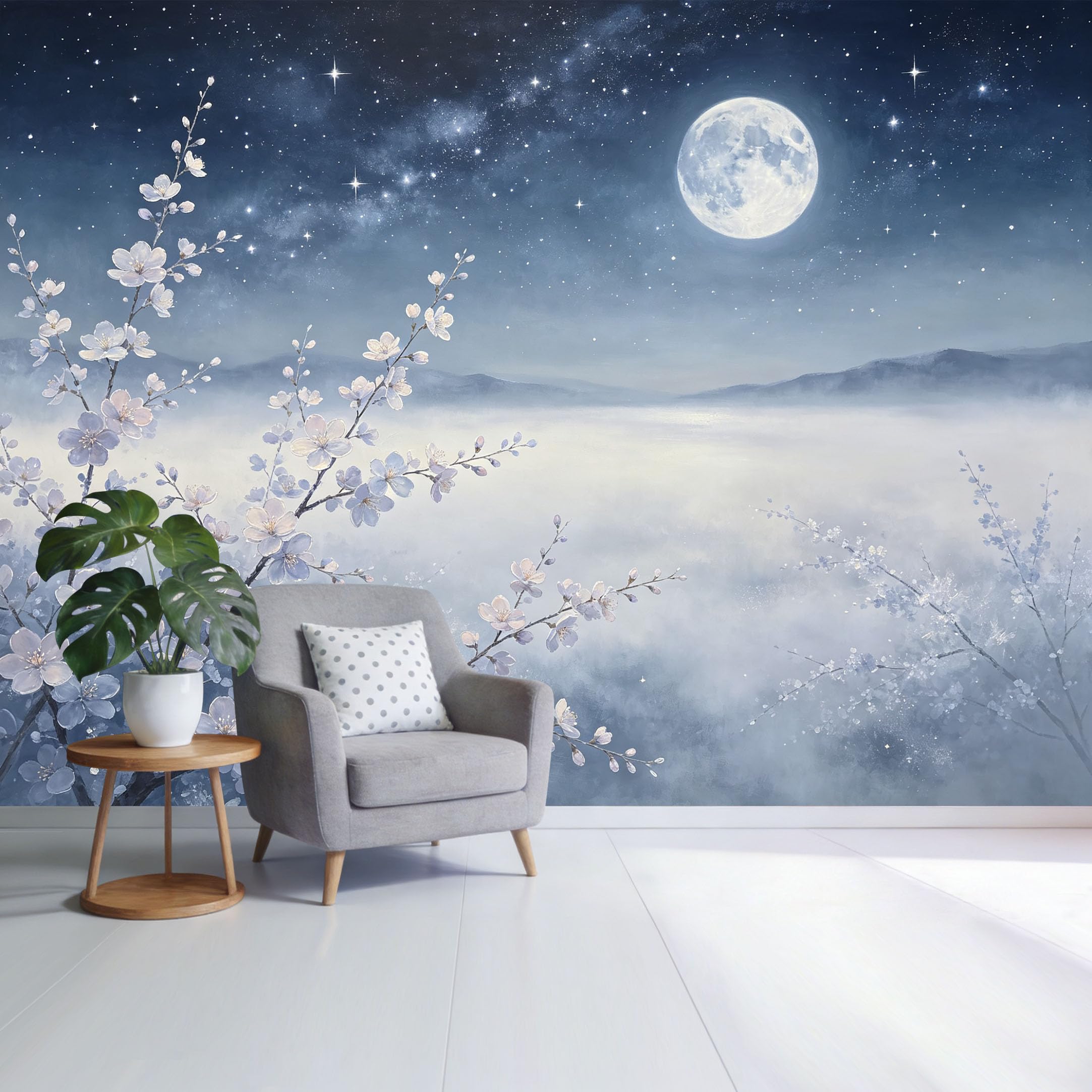 Custom Size Wall Mural Moonlit Cherry Blossom Landscape Night Sky Mountain Mist Watercolor Style SelfAdhesive Wall Fabric Removable Wallpaper for Home Office Decor