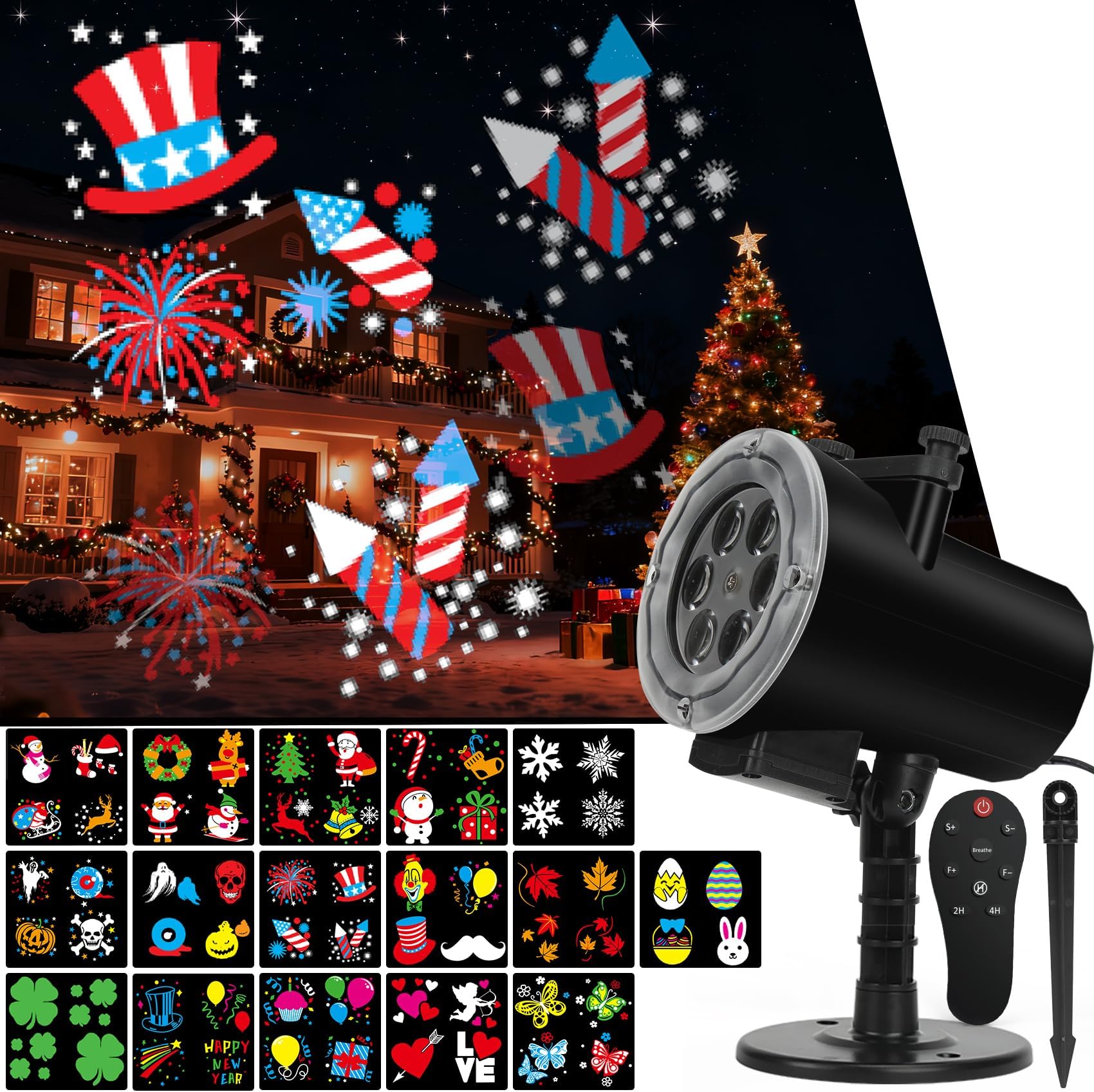 4th of July Projector Lights Outdoor,Indoor Holiday Projector Light with Remote Control,Timer,16 HD Slides,LED Waterproof Landscape Light for Party Christmas Halloween Patio Yard Decor Lighting
