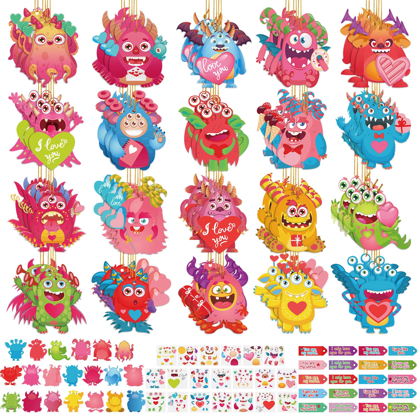 Cholemy 60 Packs Paper Valentine's Monster Craft Kit for Kids Create Your Own Monster Craft Set Make Your Own Monster Kit with Valentine Paper Craft Stickers for Home Class Game Activities, 20 Styles