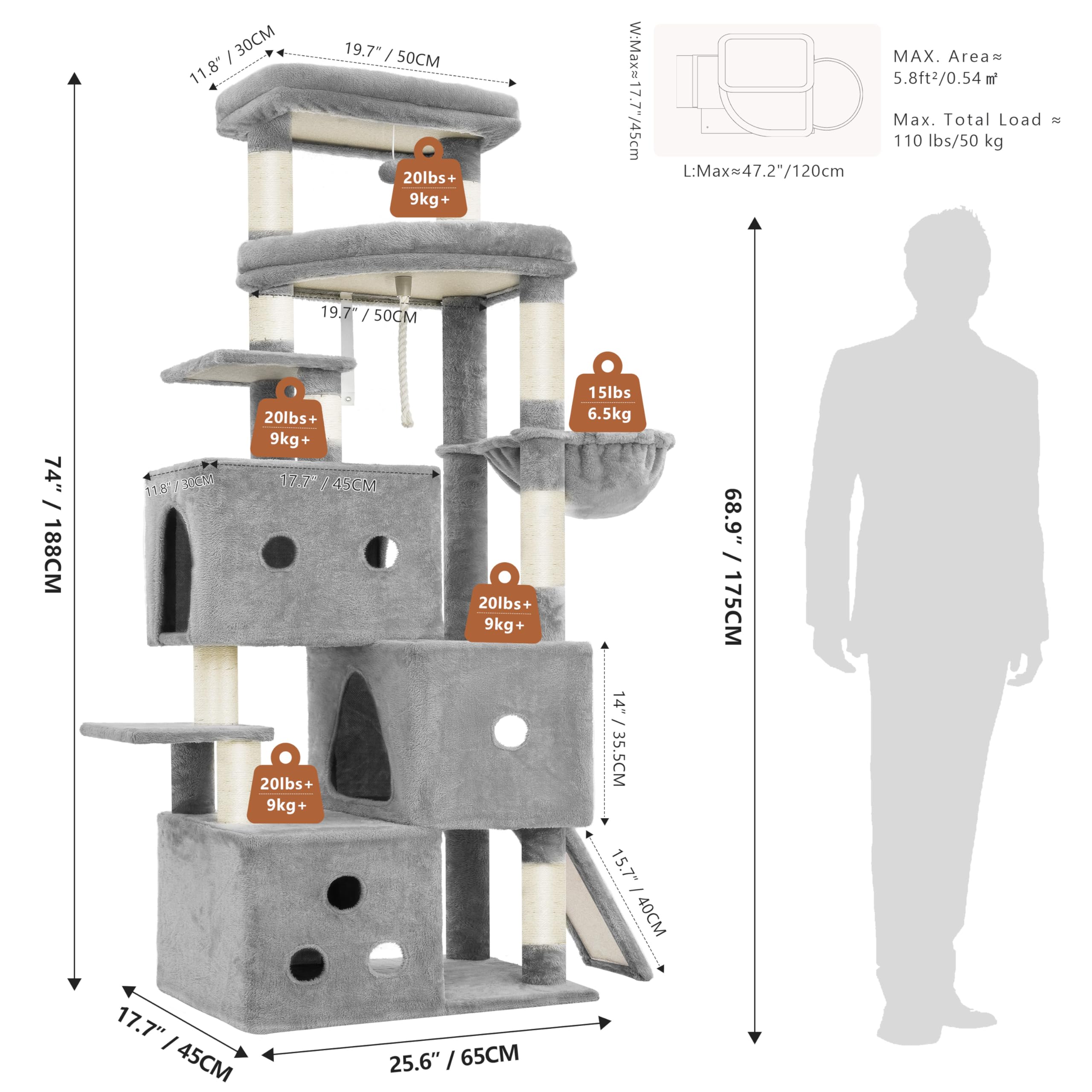 Heybly Rascador para Gatos XXL, 188 cm Árbol Rascador para Gatos Grandes, Torre de Múltiples Pisos, 3 Cuevas Escalonadas, Amplias Perchas Descanso, Postes y Tablas de Sisal, Gris Claro HCT061W