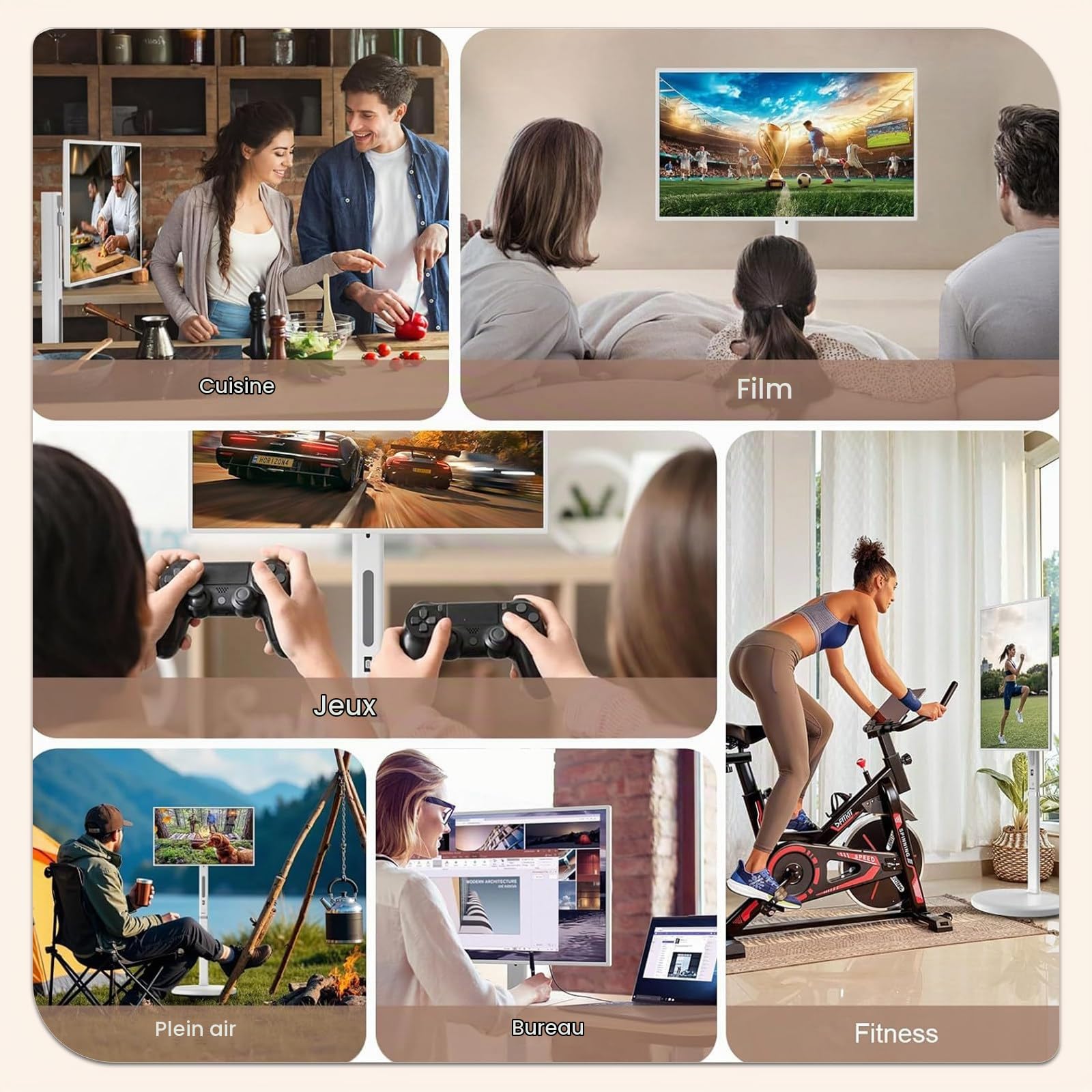 Téléviseur Portable 27 Pouces, Appareil Photo 12 MP, Moniteur Tactile Portable, Tablette TV Enroulable sur roulettes, Écran Tactile, 8 Go de Ram + 128 Go de Stockage, Batterie (6-8 H) 27"