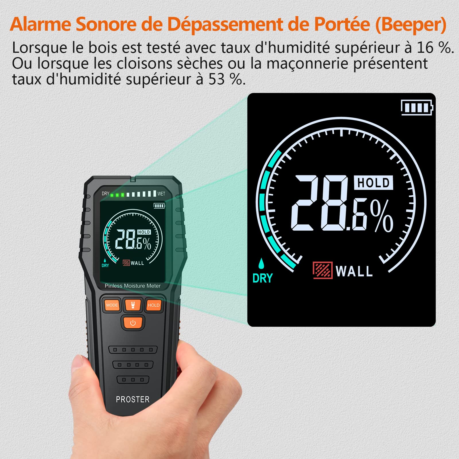 Proster Humidimètre Mur Non Destructif – Scanner d’Humidité de Surface Sans Broche, 4 Modes Mur/Bois/Maçonnerie, Écran Couleur, Profondeur 19 mm, pour Surfaces Planes Maison & Rénovation