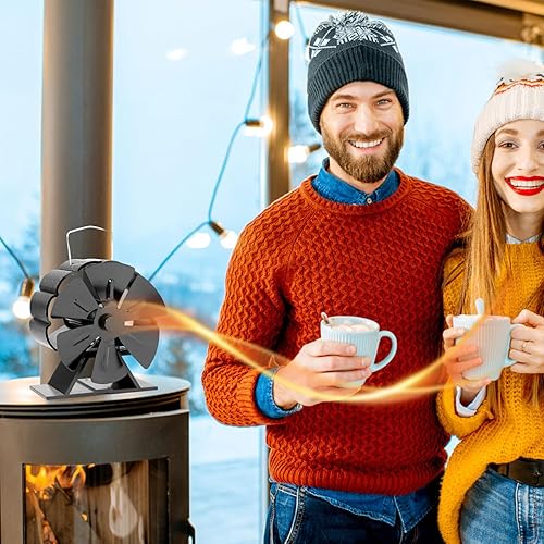 Miniatura 7 de Ventilador de estufa de leña negra, ventilador de chimenea de 6 cuchillas, ventilador de estufa de calor, accesorios de chimenea, ventilador de