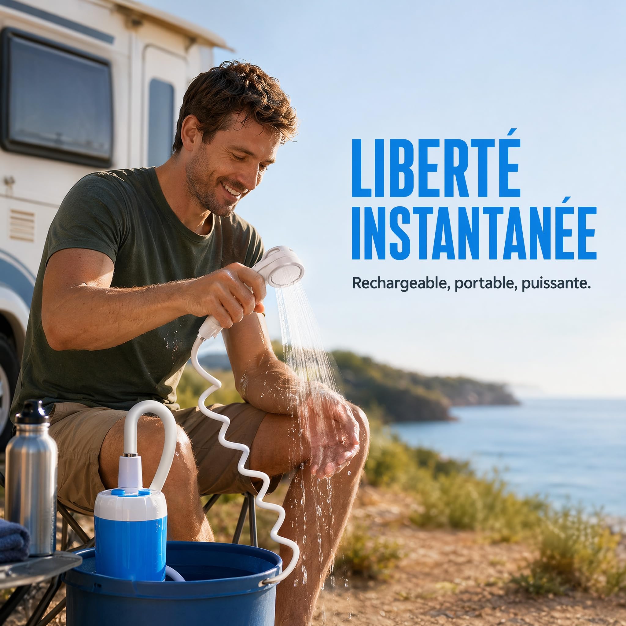 Douche De Camping Portable 12v avec Pompe Immergée, Pompe Douche Camping, Kit Complet avec Tuyau 2,2m, Compacte Légère Débit Réglable pour Camping Plage Jardin Randonnée Extérieur