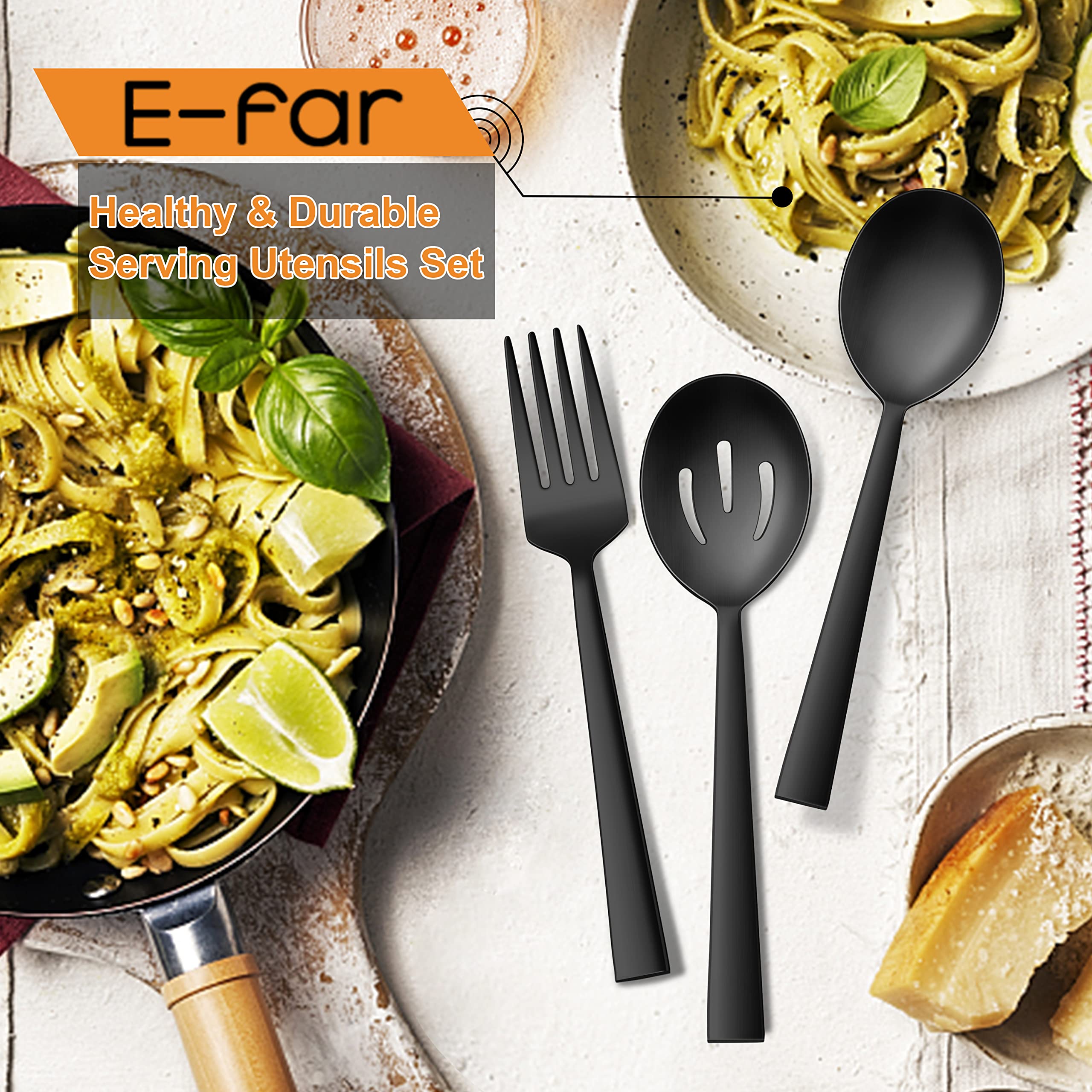 E-far Lot de 6 ustensiles de service en acier inoxydable noir mat de 22,6 cm avec bord carré, cuillères, fourchettes fendues en métal pour buffet de fête, traiteur, passent au lave-vaisselle