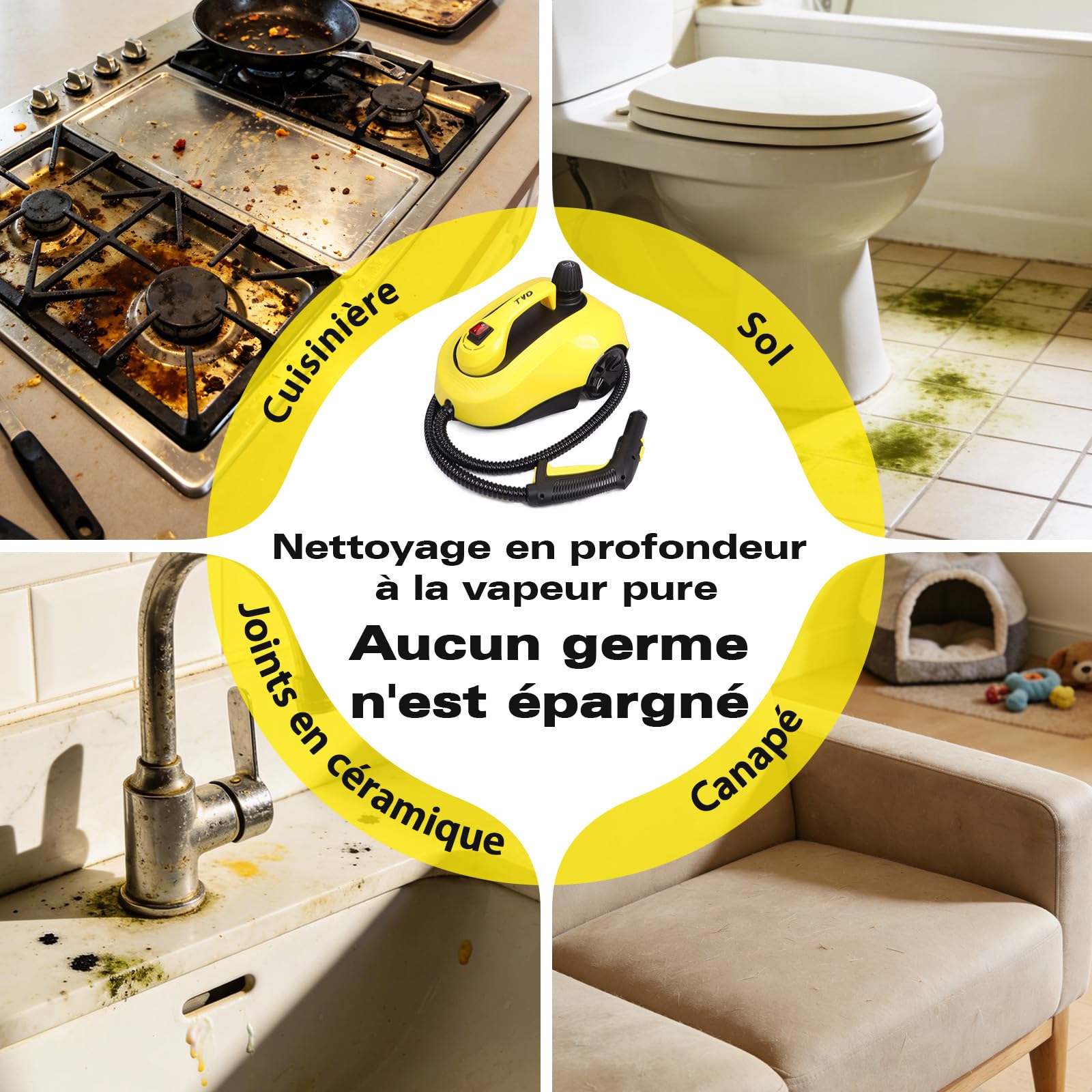 TVD Nettoyeur vapeur pour meubles rembourrés, nettoyeur vapeur avec câble d'alimentation extra long de 5 m pour nettoyeur de sol, four, voiture, carrelage, tapis, coussin, canapé, punaises de lit.