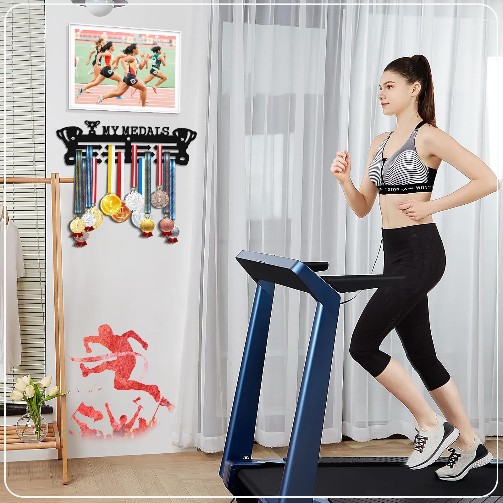 Espositore Medaglie Ginnastica Porta Medaglie Da Parete Per Ginnastica | Espositore Con 30 Ganci | Design Sportivo In Metallo Porta Medaglie Da Muro Legno - Foto 7