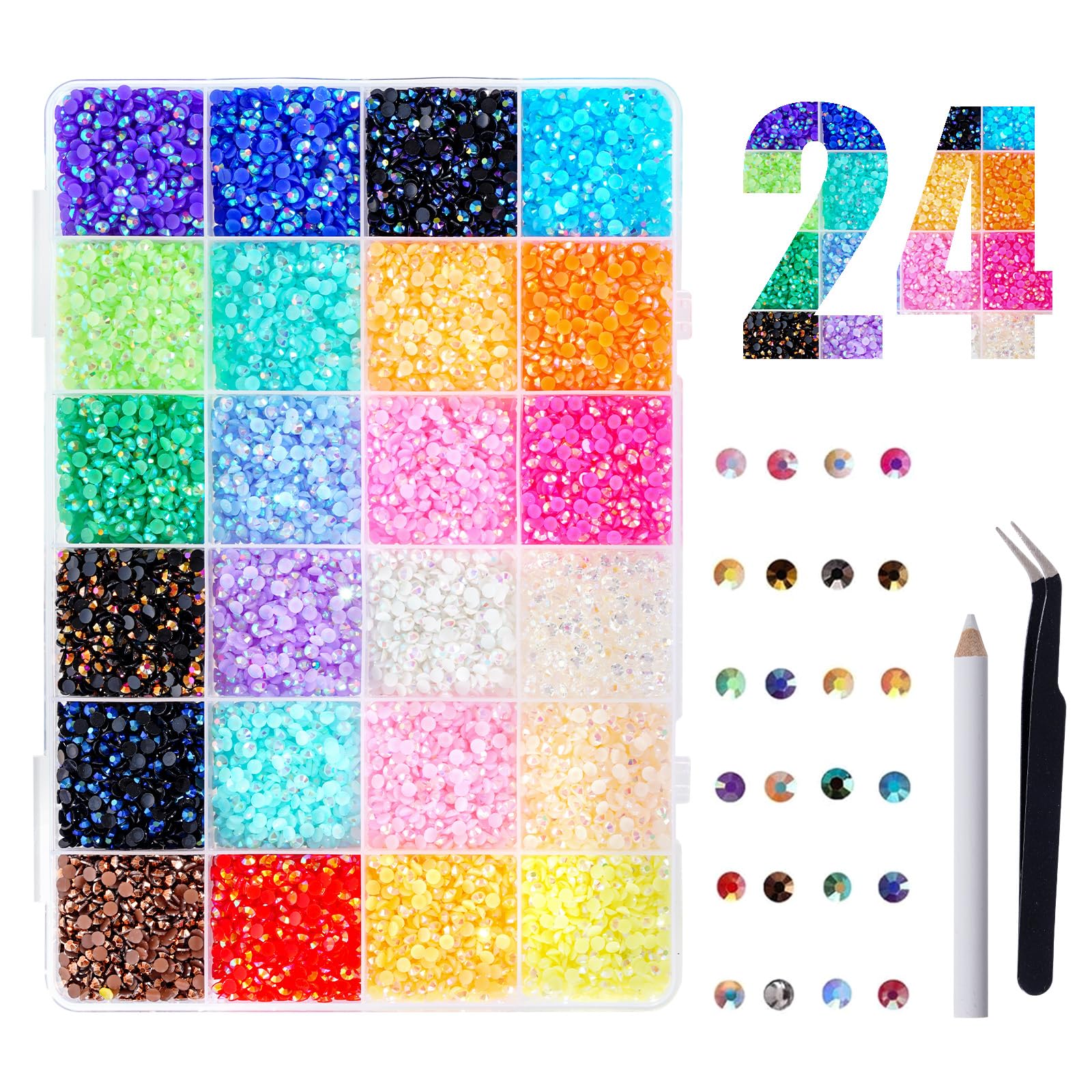 19200 pcs de strass pour ongles, 24 couleurs de strass de 3 mm pour le bricolage, strass ronds avec pince à épiler et stylo, kit de décoration pour ongles DIY (3 mm)