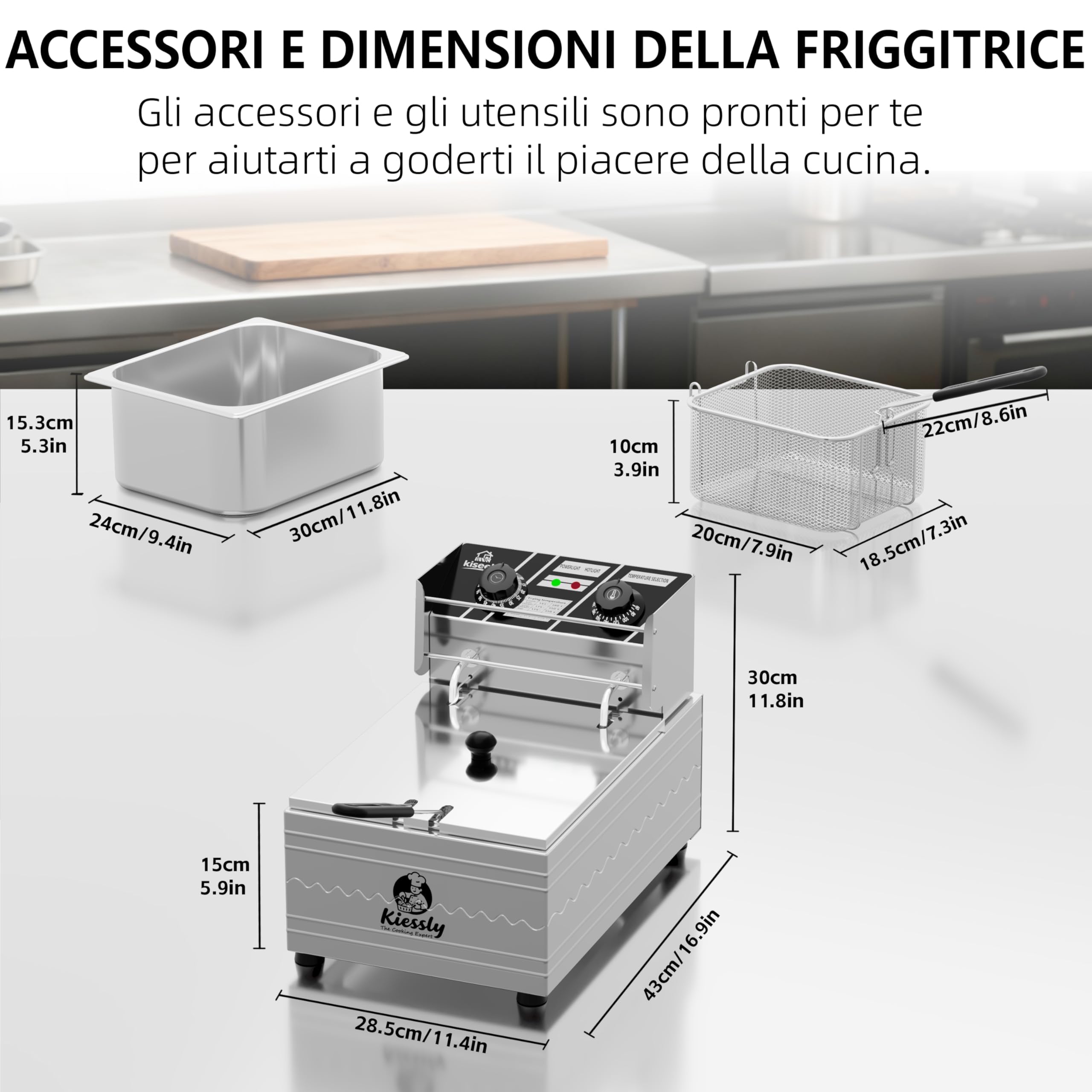 Friggitrice elettrica da 20 litri, friggitrice commerciale da 3500W con cestelli, friggitrice a doppia vasca in acciaio inossidabile con controllo del tempo e della temperatura (Single Fryer 10L IO4)