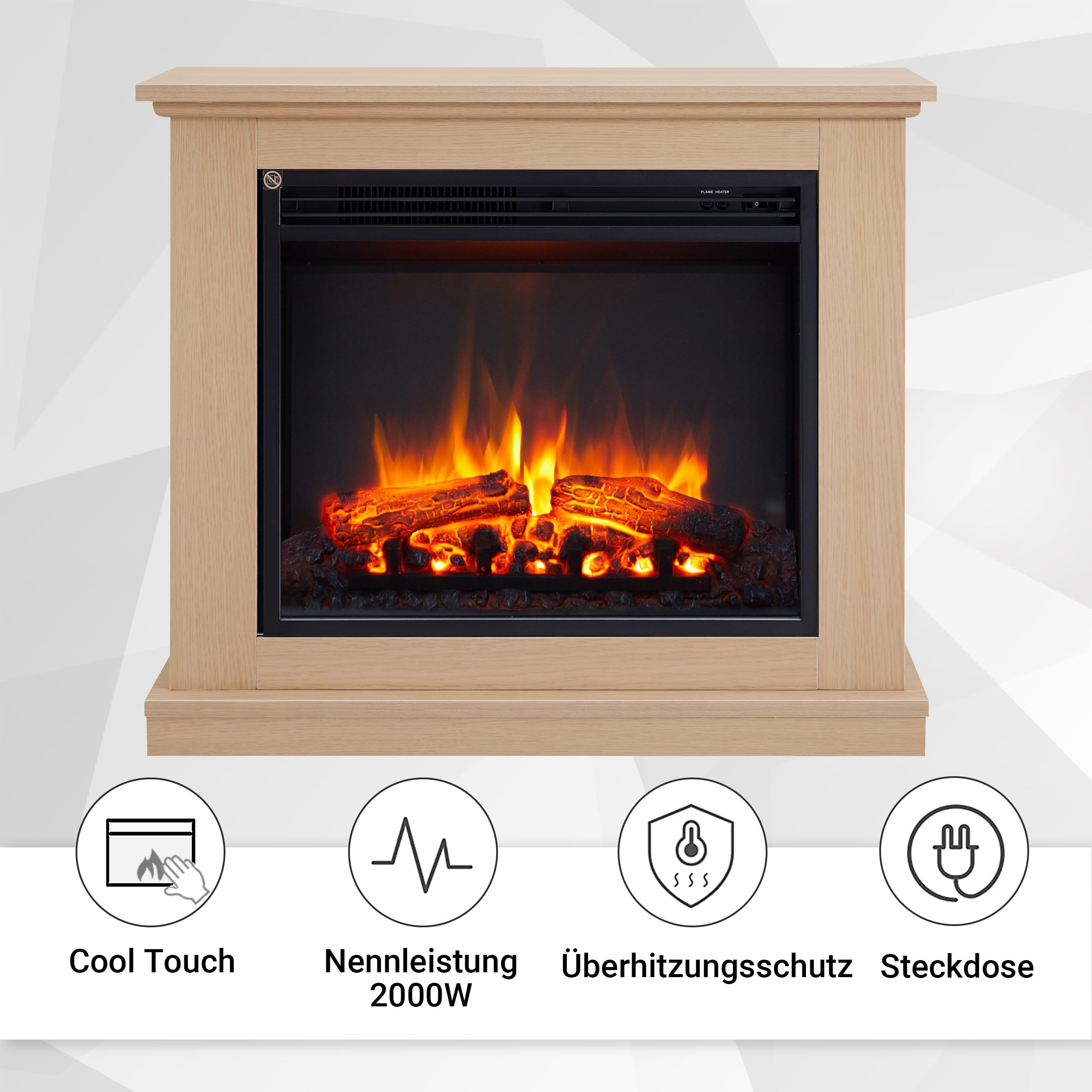 BALDERIA Phanos Elektrokamin - Elektrischer Standkamin mit Heizung 1000/2000 W, realistischer 3D-Flammeneffekt, Fernbedienung programmierbar, Timer, Thermostat - Weiß (Helle Eiche)