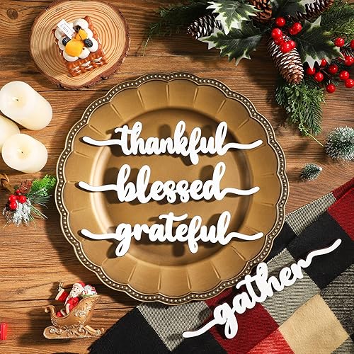 Miniatura 79 de 12 piezas de Navidad con recorte de madera con texto en inglés "Joyful Merry Thankful Grateful Blessed Peace Gather", letrero de Navidad recortado