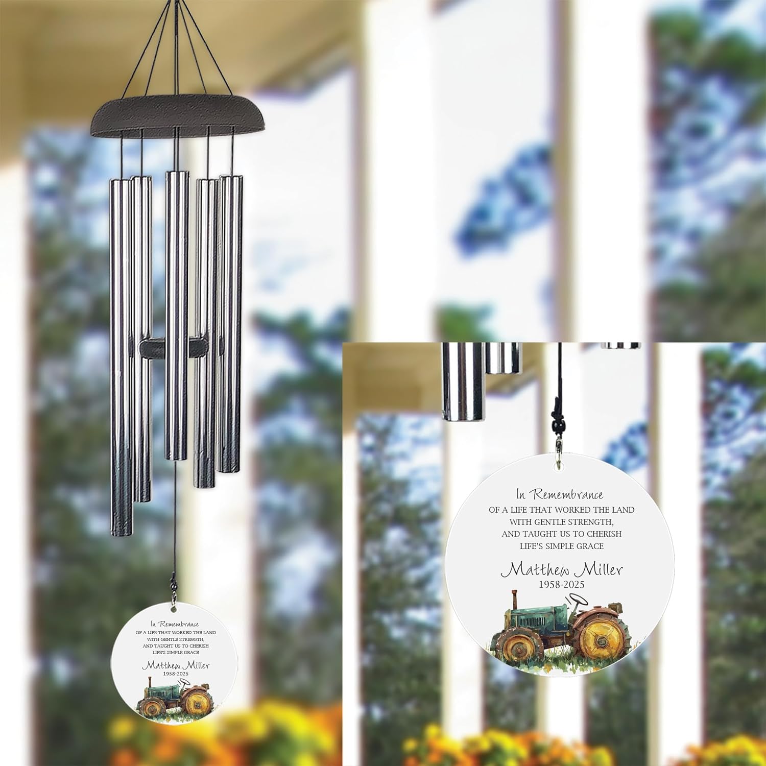 Personalized Memorial Wind Chime Tractor Farmer Remembrance Outdoor Tribute, Measures 42"
