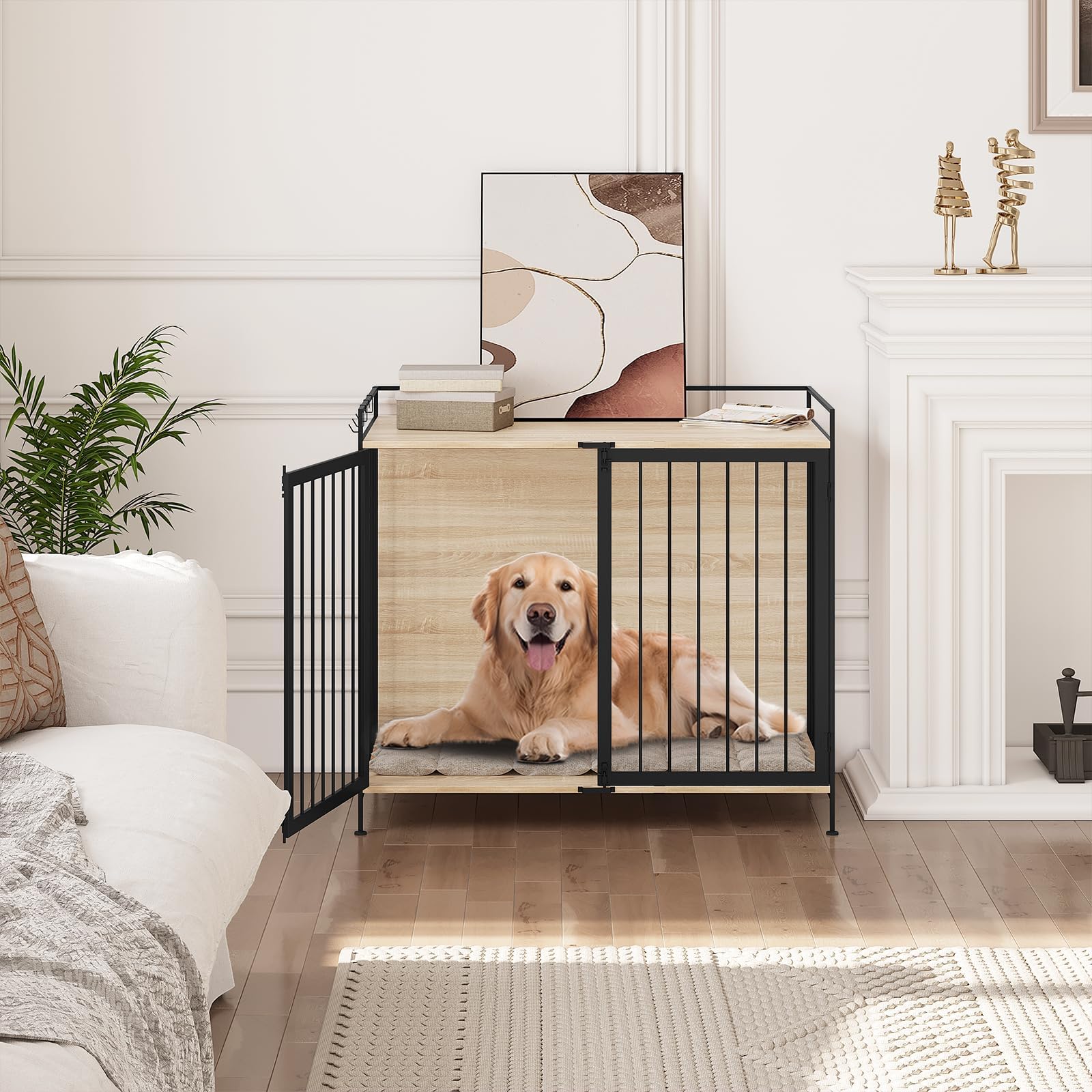 EUGAD Hundebox, Hundekäfig Möbel, Hundebox für Zuhause | 104x92x60cm, für Kleine bis Mittelgroße, mit Großzügige Plattform, aus Holz, Hundekäfig Indoor,Dog Crate als Beistelltisch