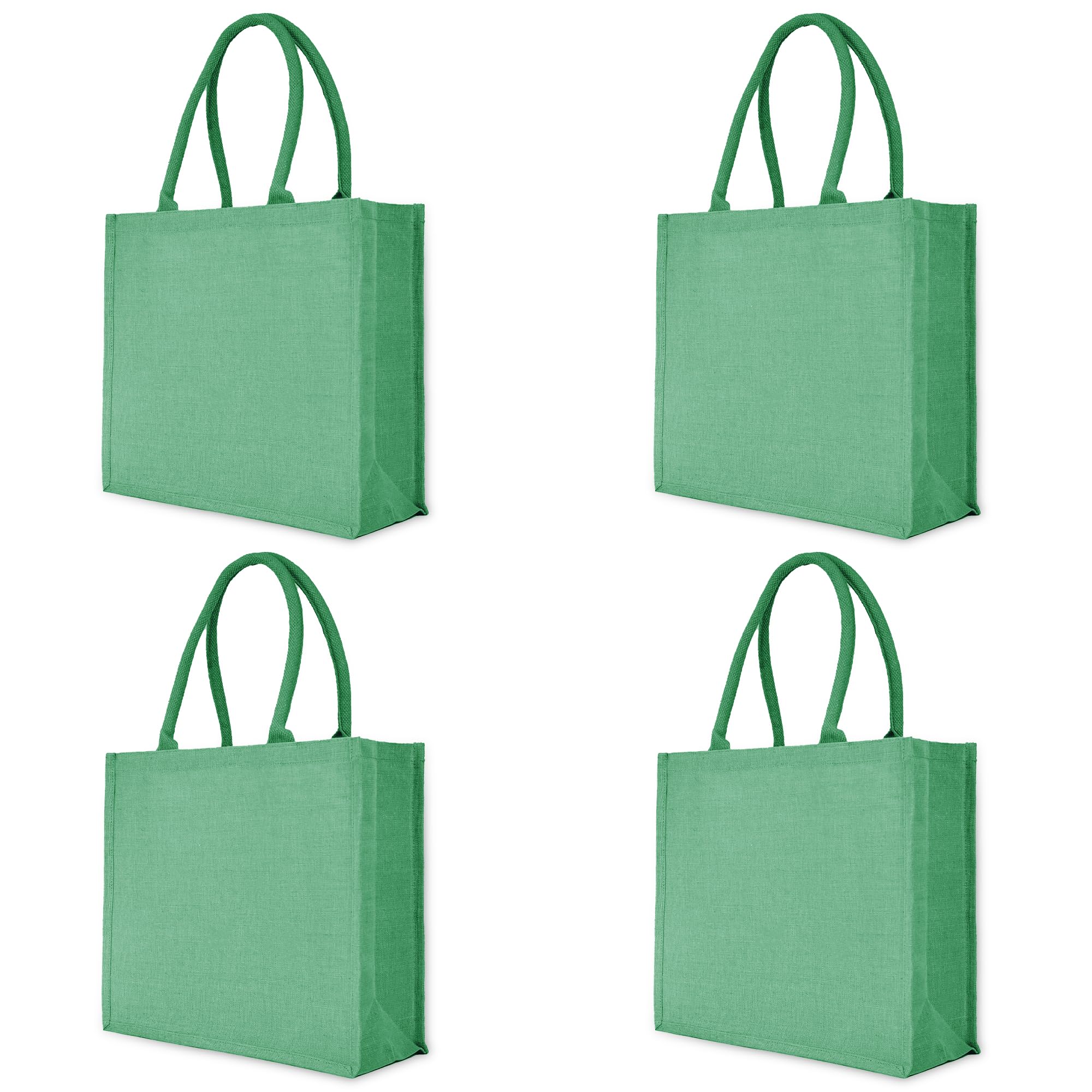 Green Colour 4-Pack Juco Tote Bags – Durable Reusable Burlap Bags for Shopping, Beach & Weddings – Functional & Elegant, 14" H x 16" L x 6" W.