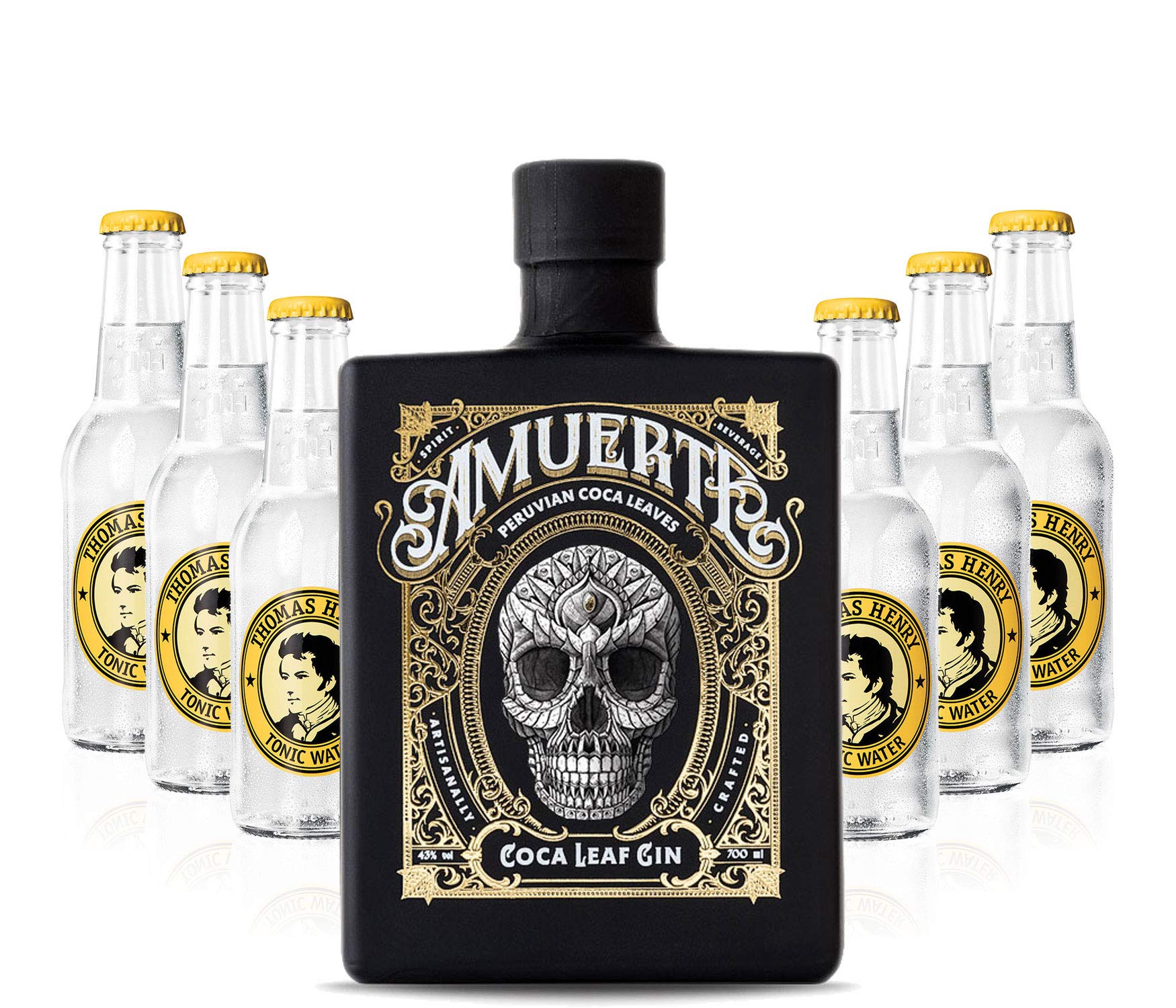 Gin Tonic Set - Amuerte Black Coca Leaf Koks Gin 0,7l (43% Vol) + 6x Thomas Henry Tonic Water 200ml inkl. Pfand MEHRWEG -[Enthält Sulfite]