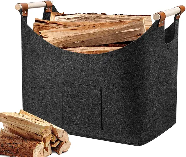 Cesta de Leña XXL de Fieltro Extra Grueso con Asa Reforzada y Plegable