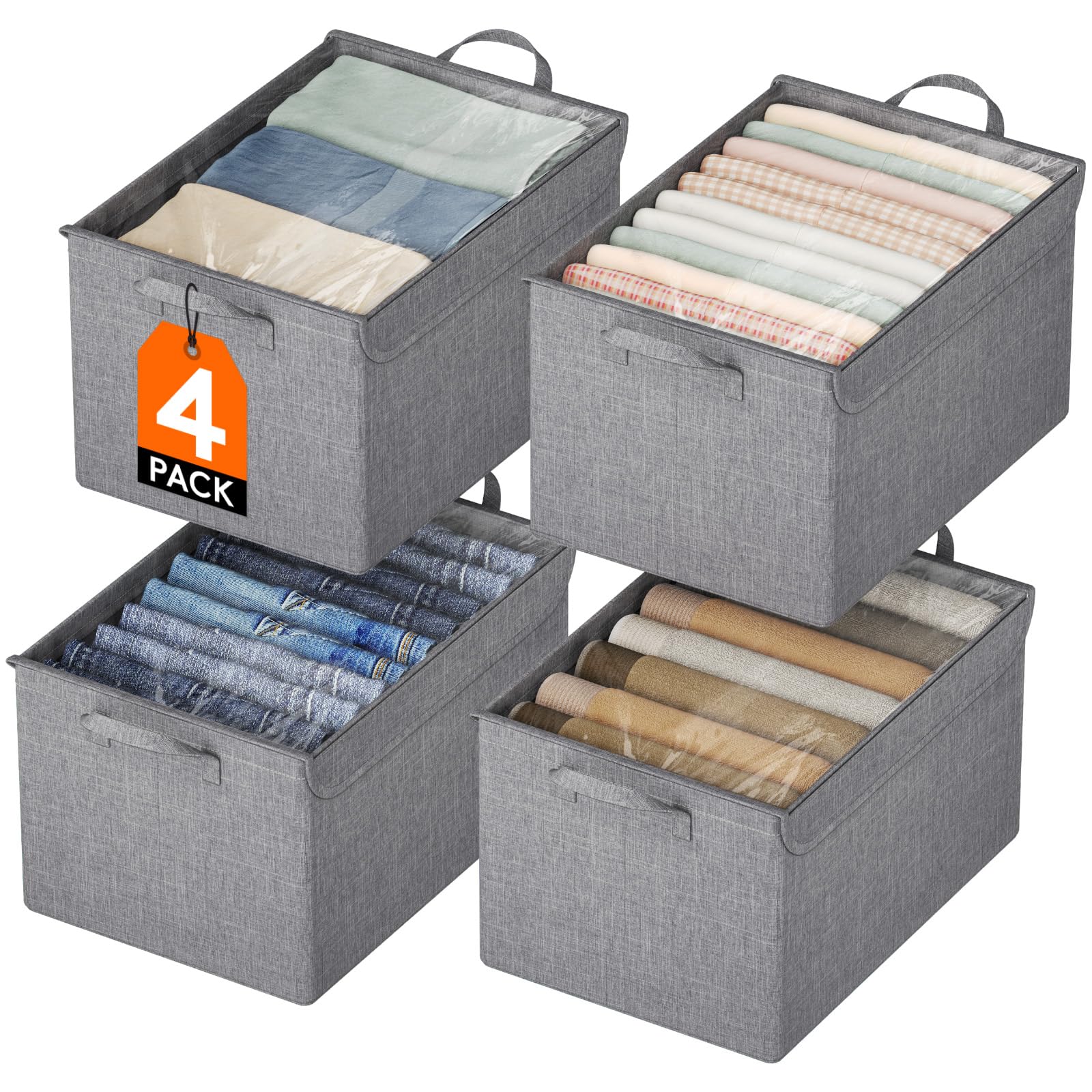 Lifewit Cajas de Almacenamiento de Tapa Transparente, Cesta Almacenaje de Tela Apilable con Asas, Organizador Guardar Ropa de Armario Oxford Catiónico Plegable para Casa, Oficina, Mediano, 4 Piezas