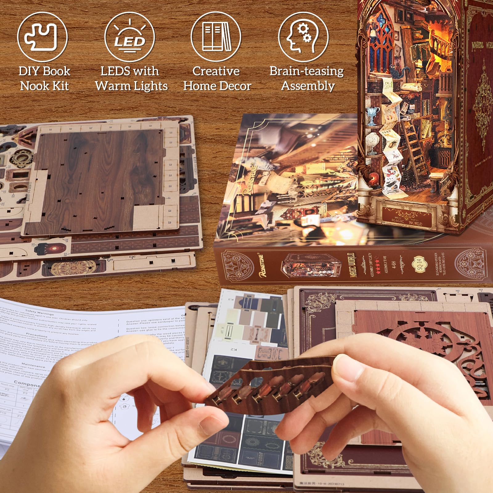 RONSTONE DIY Magische Welt Book Nook Kit, DIY Puppenhäuser Miniatur Haus Kit mit Staubschutzhülle und LED-Licht, 3D Puzzle Buchstützen aus Holz, Kreative Geschenkdekoration für Erwachsene ab 14+