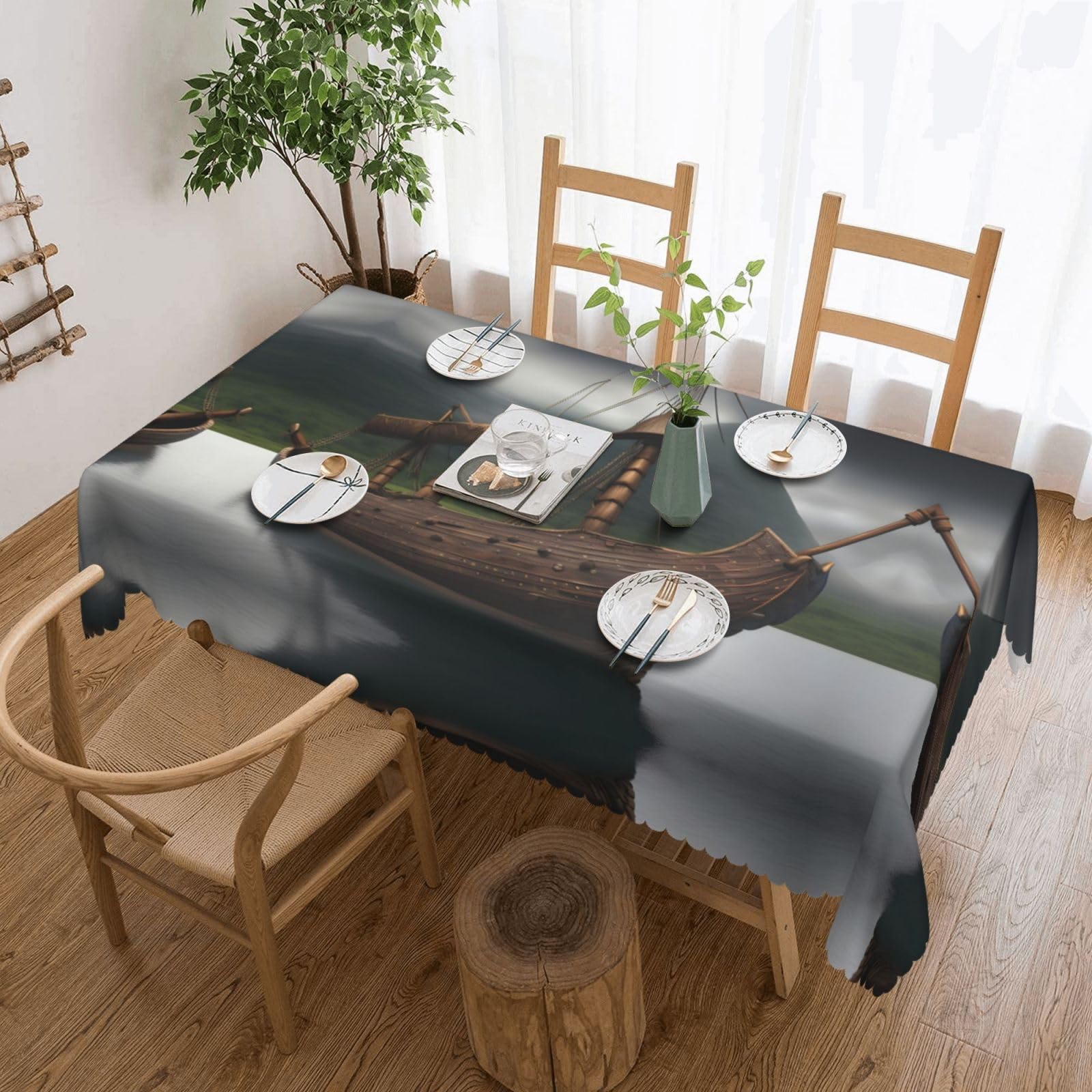 HLBSDM Viking Boat Print Rectangle Washable Tablecloth Decorative Table Cover for Dining Table Buffet Parties, Black