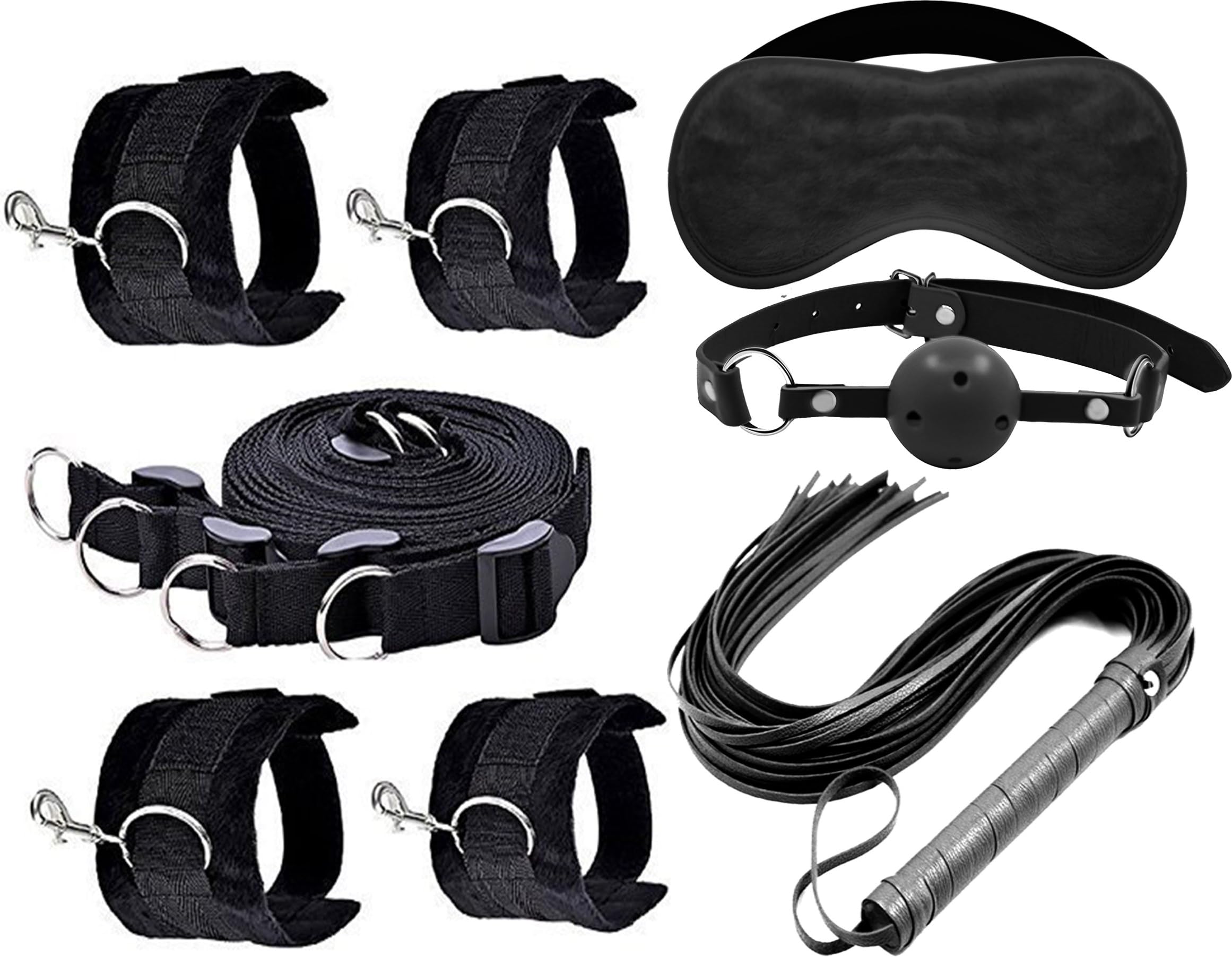 Durable 4-PC Black Cosplay Kit for Role Play Game with Blindfold, Whip and Gag. (Black)