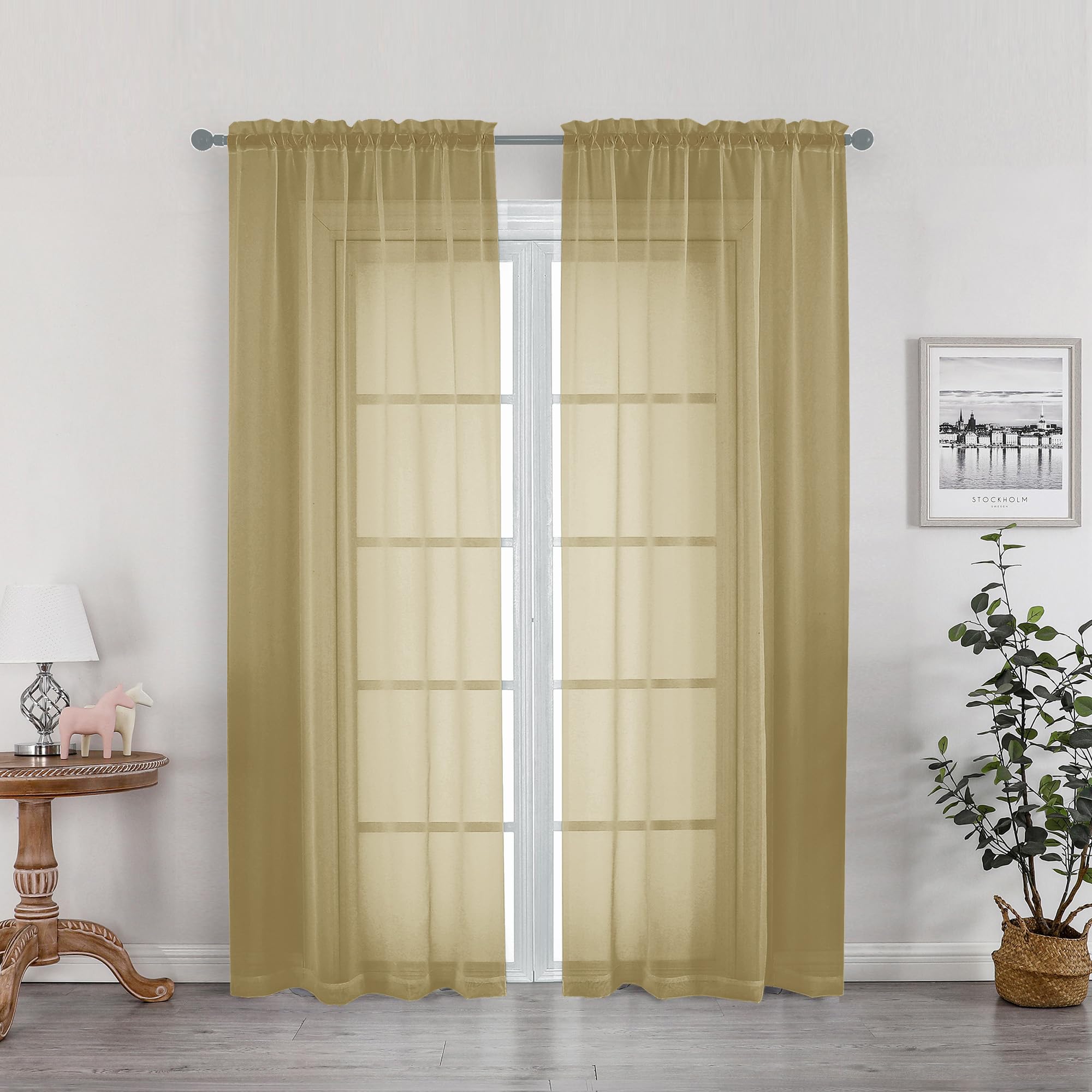 OWENIE Gold Sheer Curtains 78 Inch Length 2 Panels Set, Light Filtering Voile Fimly Sheer Drapes for Living Room/Bedroom, 2pcs, Gold Solid Rod Pocket Sheer Curtains, Each 42" W x 78" L