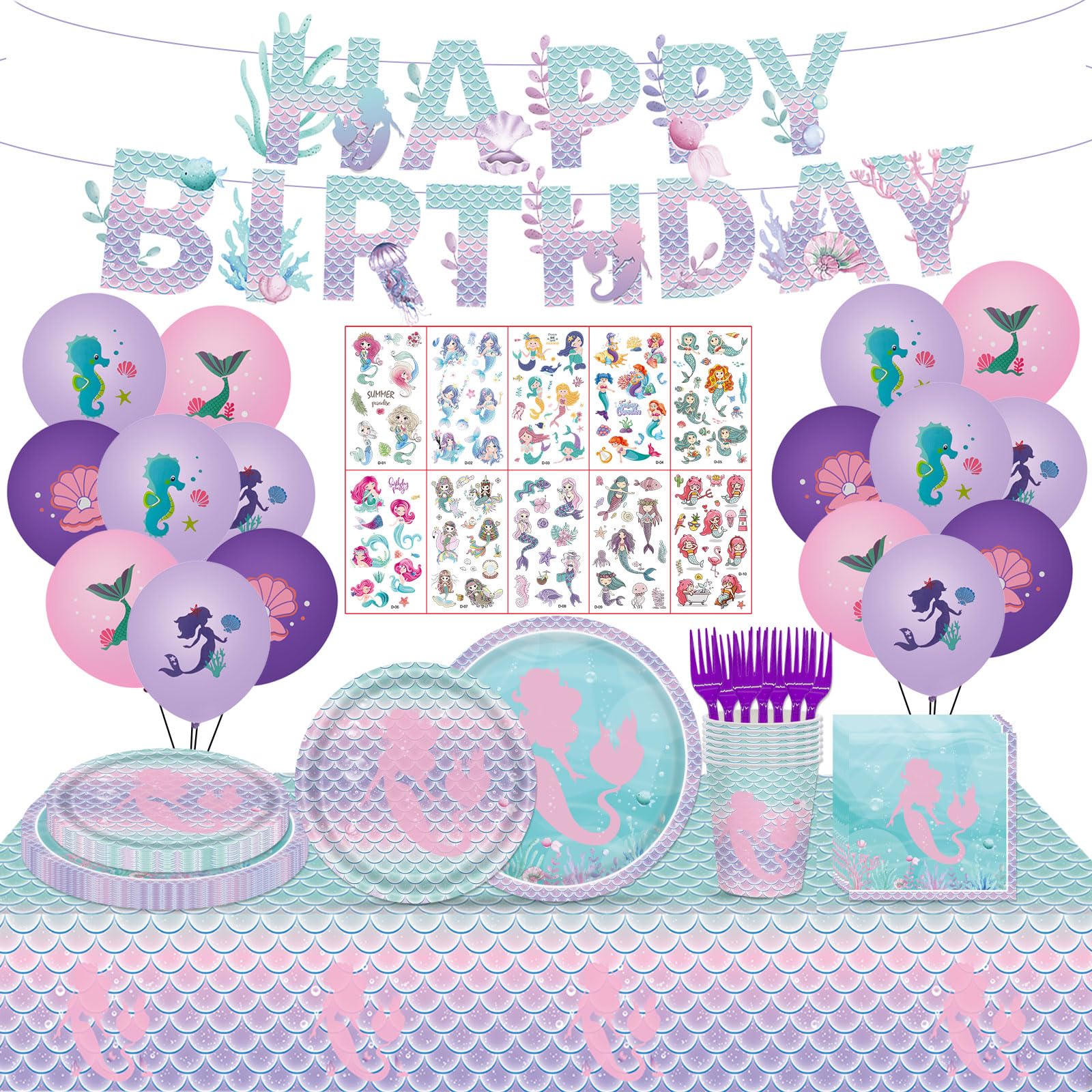 Poqirzan 108PCS Mermaid Birthday Party Decorations Mermaid Party Supplies Include Mermaid Paper Plates and Napkins Tableware Balloons Temporary Tattoos Mermaid Under the Sea Birthday Party Serve 16