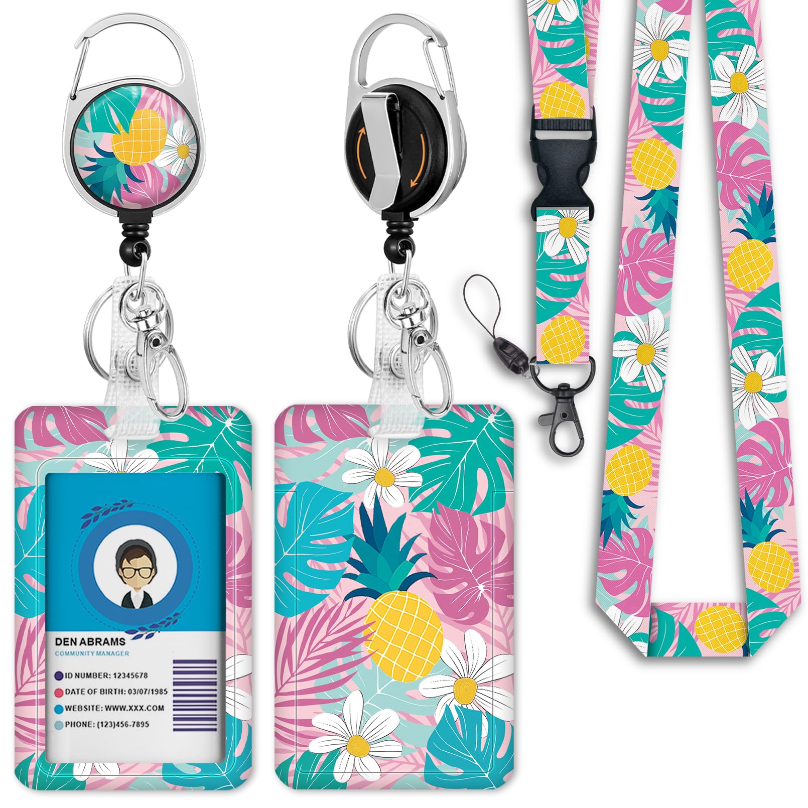 Giancomics Tropical Plant Lanyards for Id Badges, ID Badge Holder with Retractable Reel, Teacher Lanyard with Keychain Clip Name Tag Card Holder for