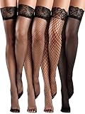 4 Pairs Fishnet Thigh High Stocking for Women Silicone Lace Top Sheer Over Knee Stockings