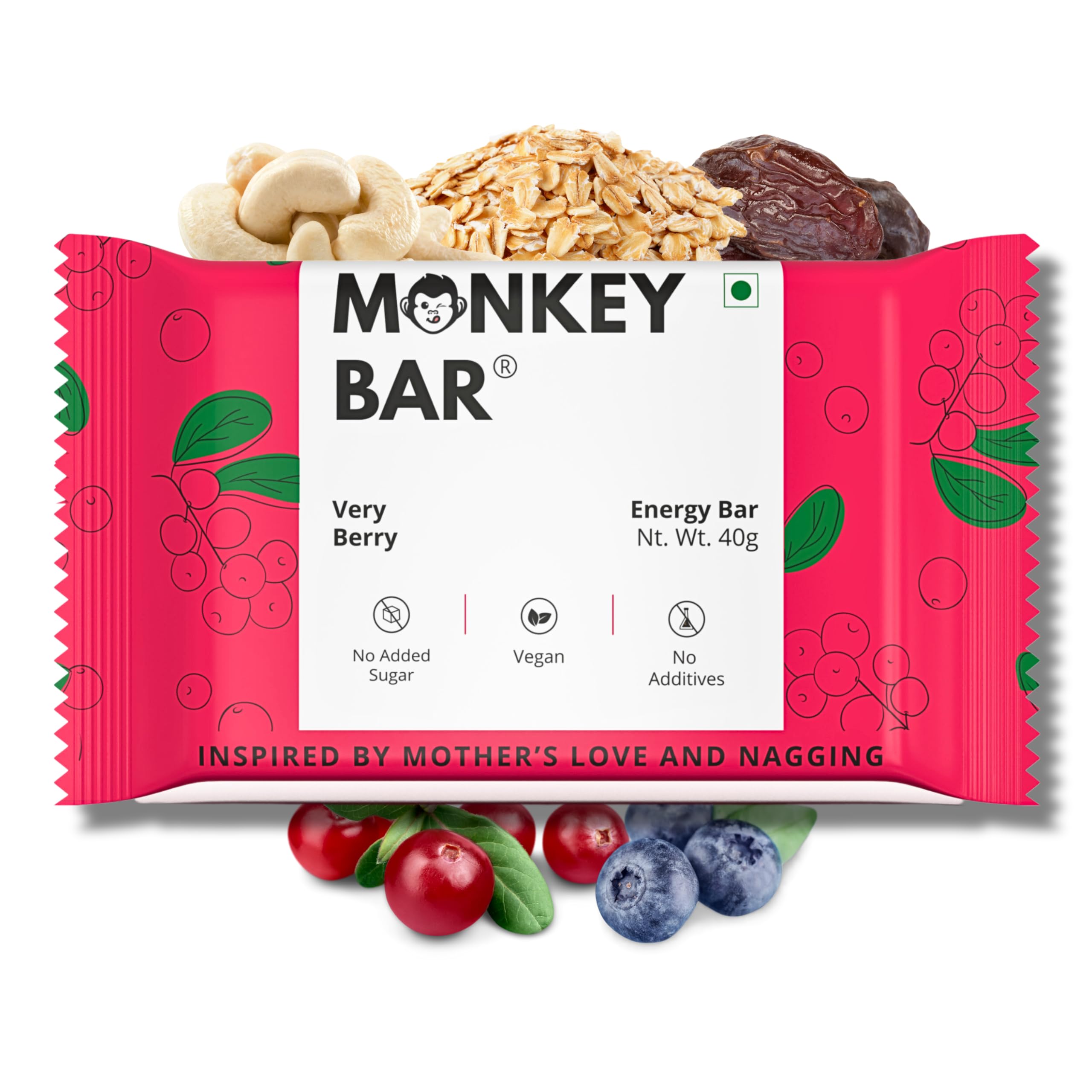 Very Berry Energy Bar - 10 Bars, 40g each, Just 5 Plant-based Ingredients, Best for Healthy Clean Protein-rich Snack, Dairy Free, Vegan, No Chemical Additives, Cranberry