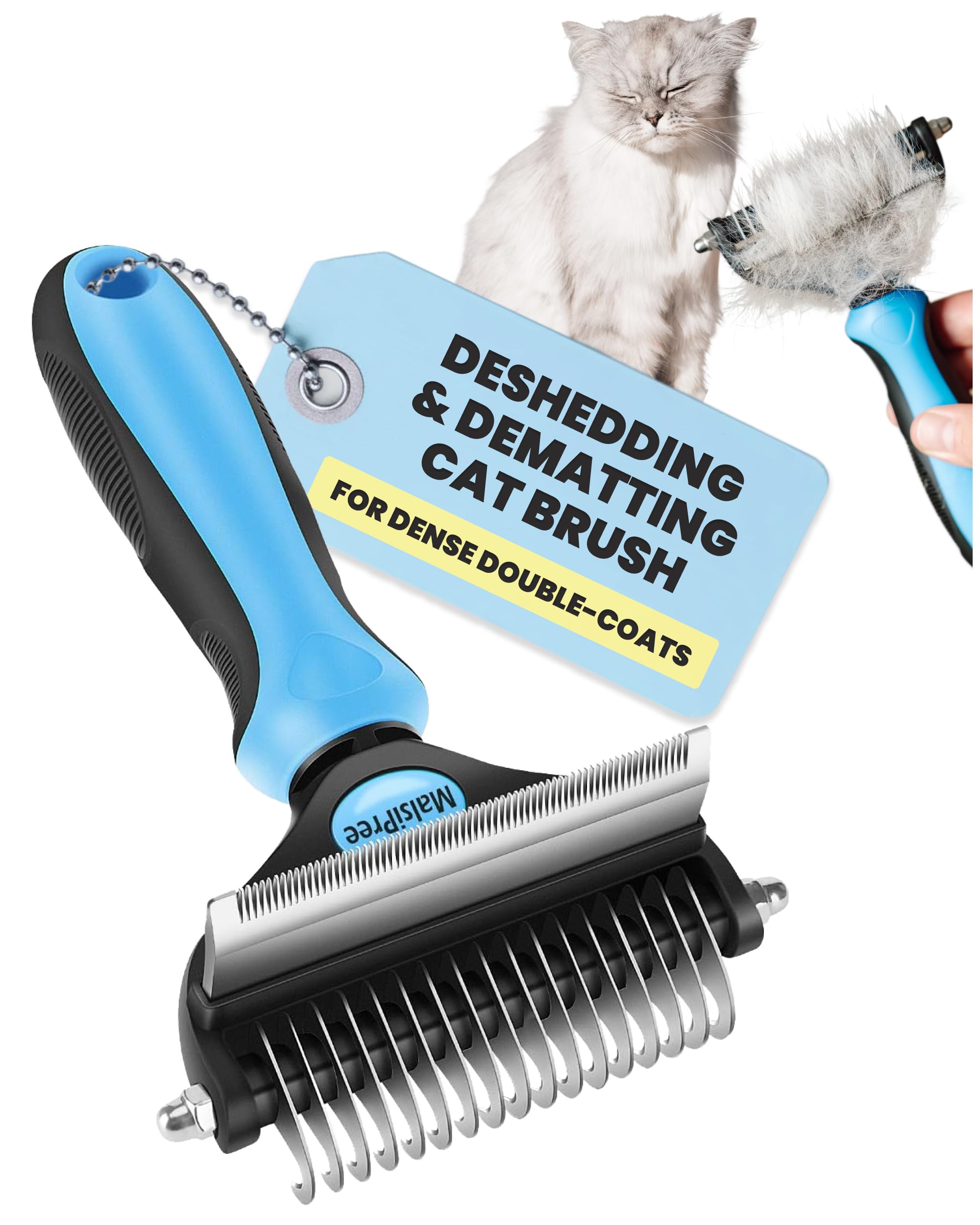 MalsiPree Cat Grooming Brush for Shedding- 2 in 1 Deshedding Tool and Undercoat Rake for Long and Short Haired Cats and Small Dogs with Double Coat - Dematting Comb for Matted Pet Hair Supplies (Blue)