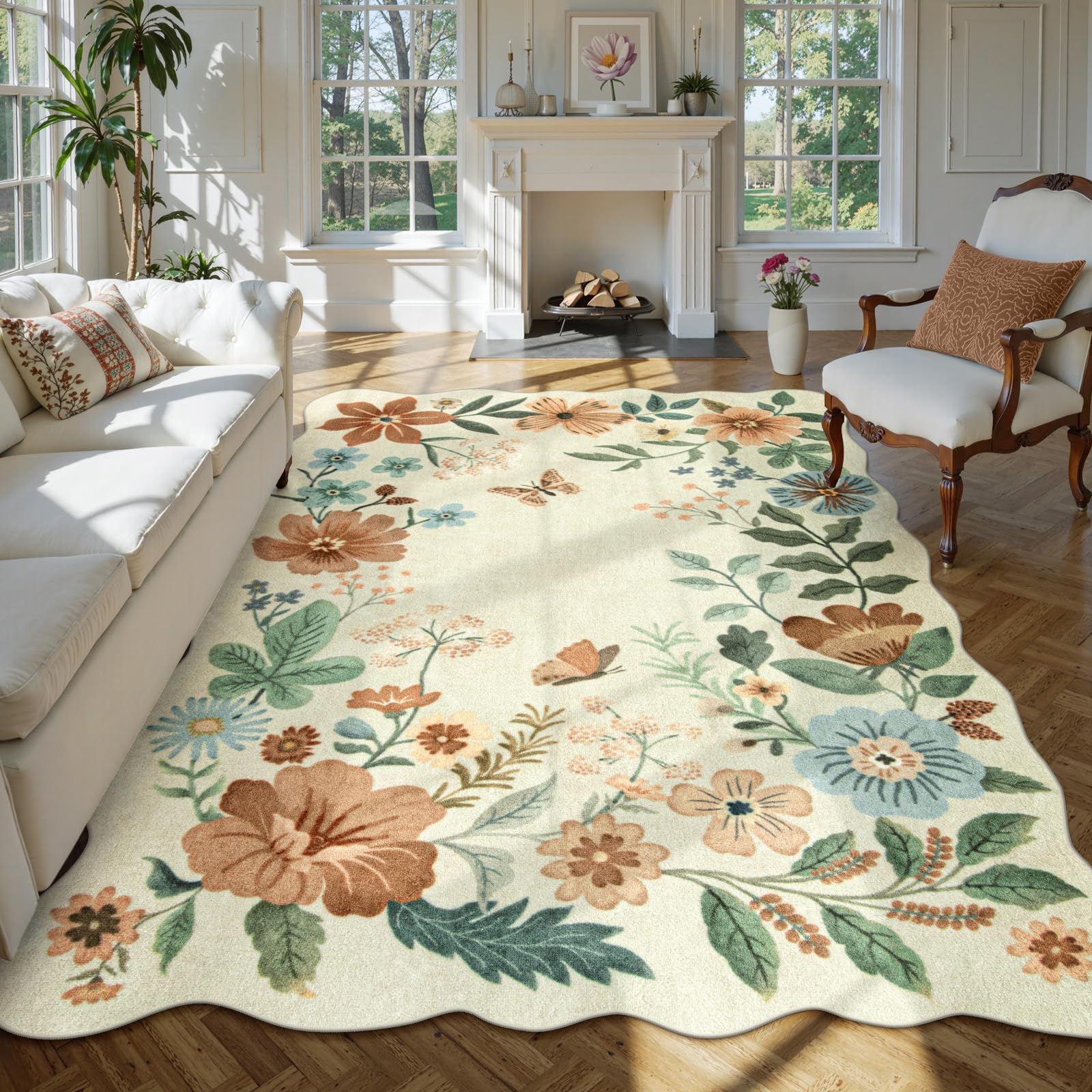 Lahome Floral Washable 6x9 Area Rugs, Soft Bedroom Rug for Living Room Ultra-Thin Non Slip Dining Room Rug, Stain Resistant Boho Rugs Easy Clean Throw