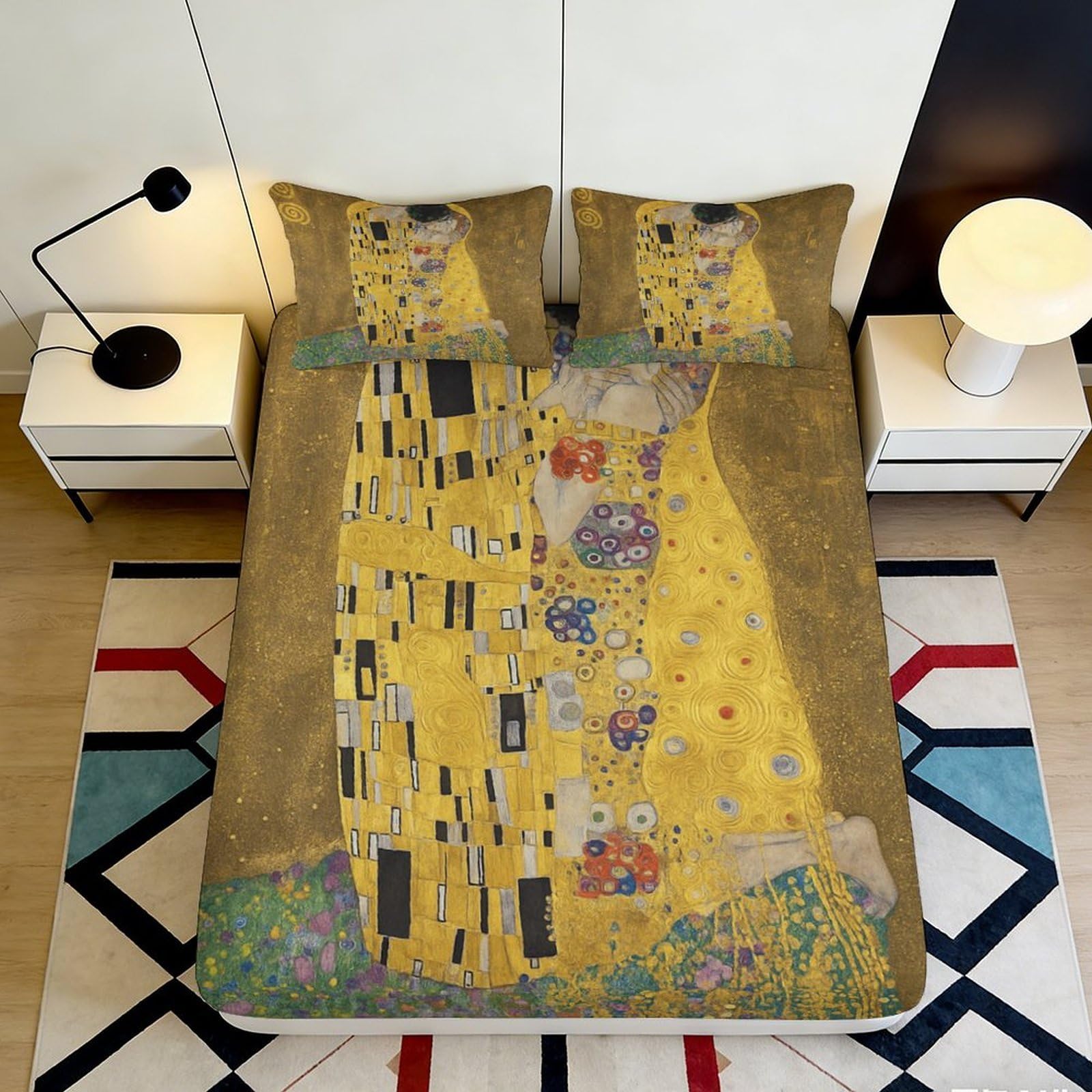 3D Printed Golden Abstract Fitted Sheet Microfiber Non-Slip Deep Pocket Gold Art Mattress Fitted Cover Washable Bedding for Home 140x200x25cm