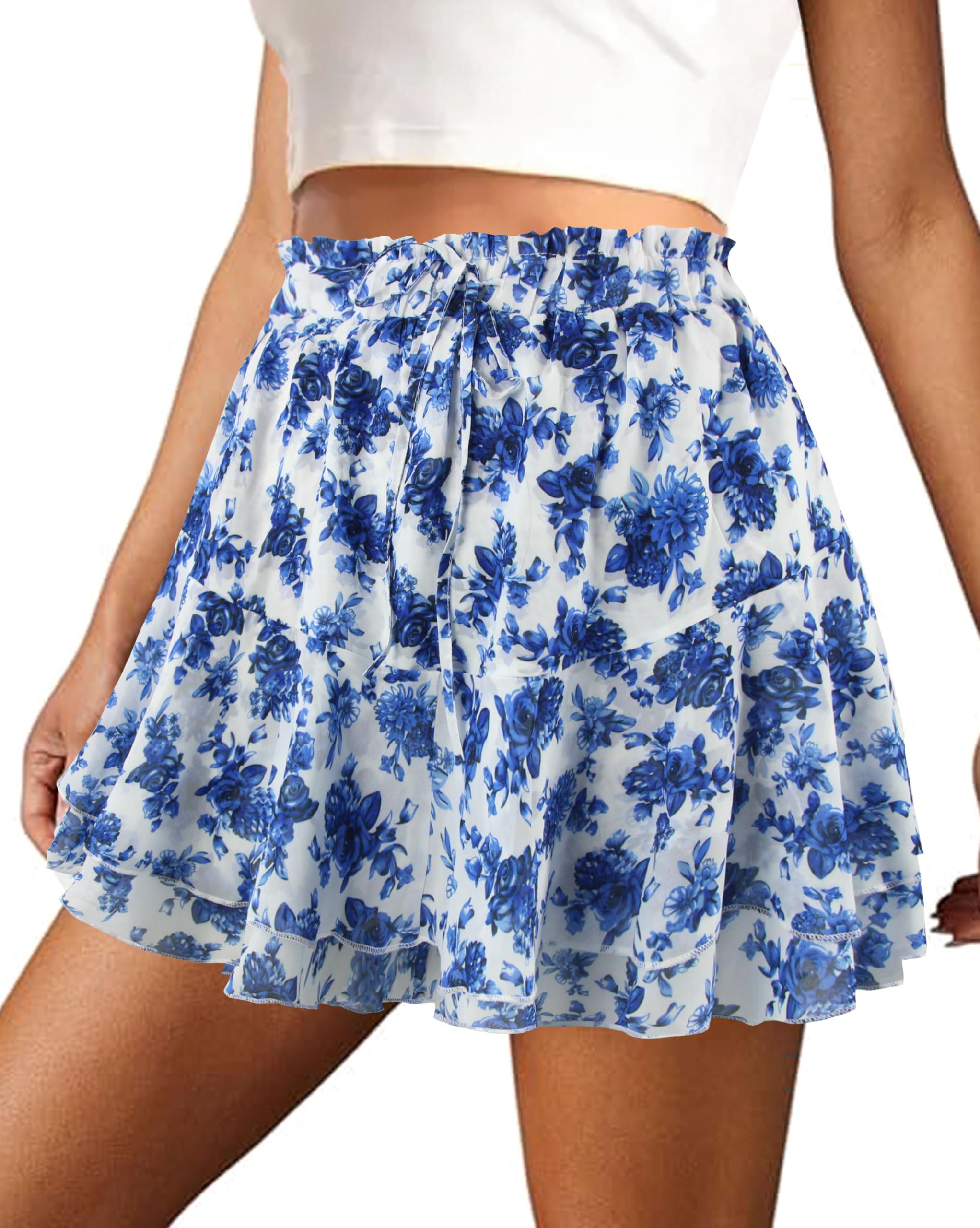 COOUFE Mini Skirts for Women 2026 Casual Boho Floral Skorts Layered Hem A-Line Tennis Chiffon Shorts