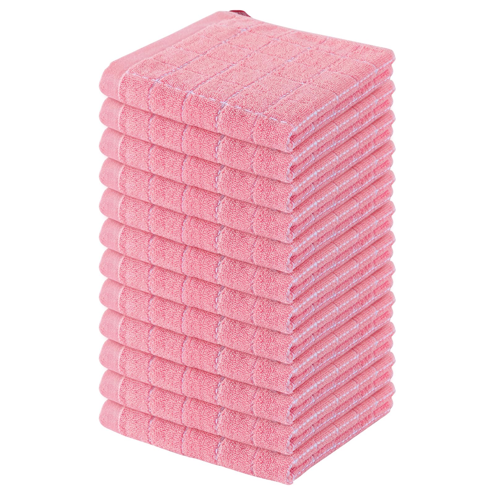 Homaxy 100% Cotton Terry Kitchen Dish Cloths, 12 Pack, Pink | Ultra Soft and Absorbent, Suitable for Drying and Washing Dishes