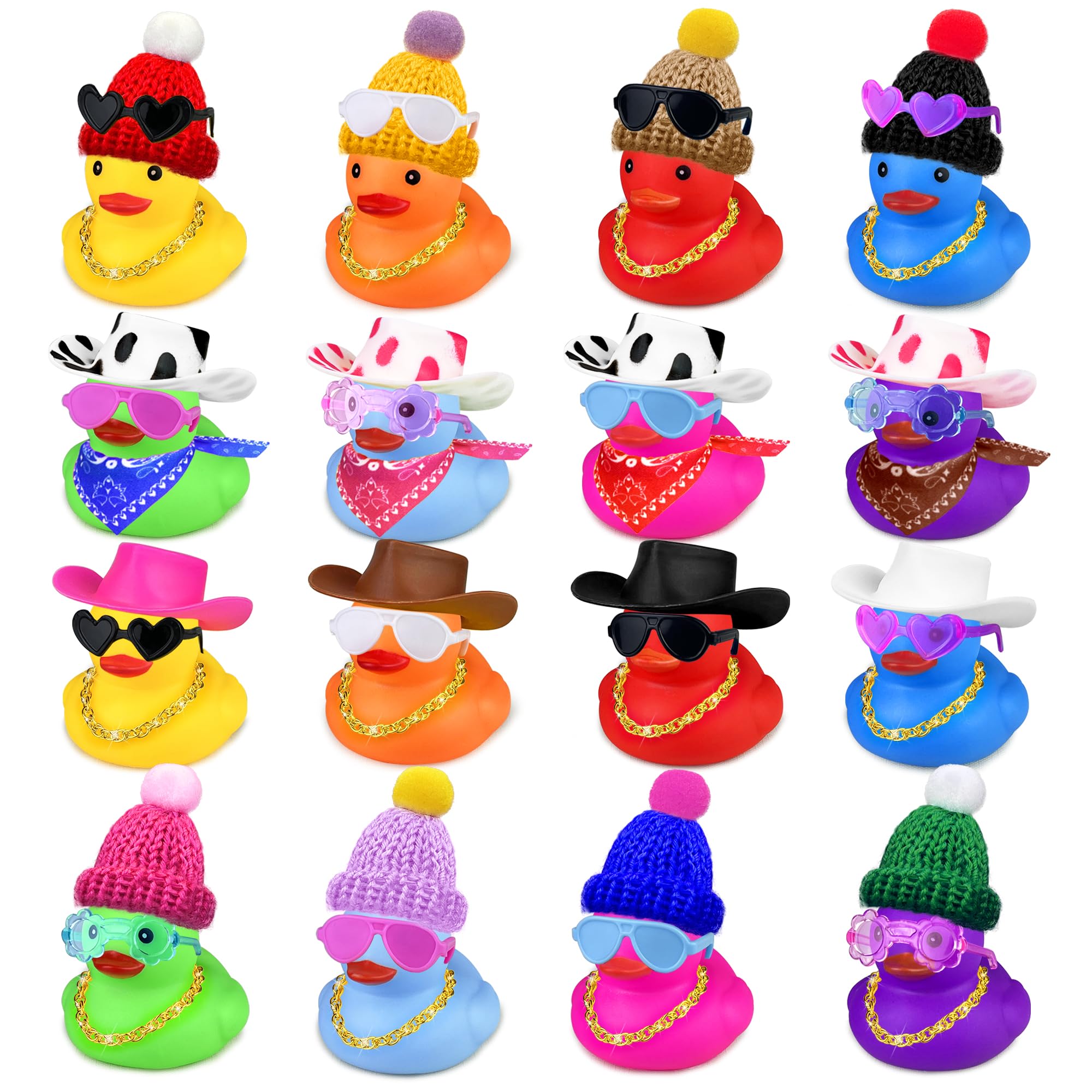 16 Set 64 PCS Mini Duck Bulk Decoration with Hat Scarf Necklace and Sunglasses for Birthday Baby Shower Swimming Party Favor Decorations