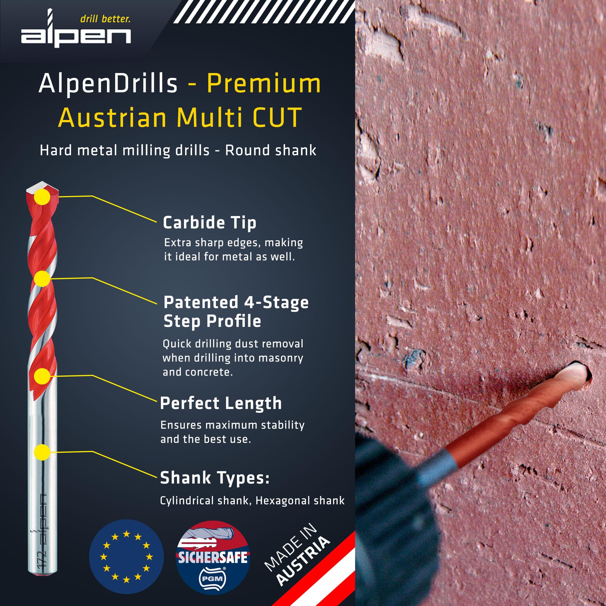 Alpen Set di punte per trapano multicut, 5 pezzi, set per trapano versatile in piastrelle, muratura, metallo, legno e plastica, kit per trapano con punta in carburo durevole con gambo cilindrico
