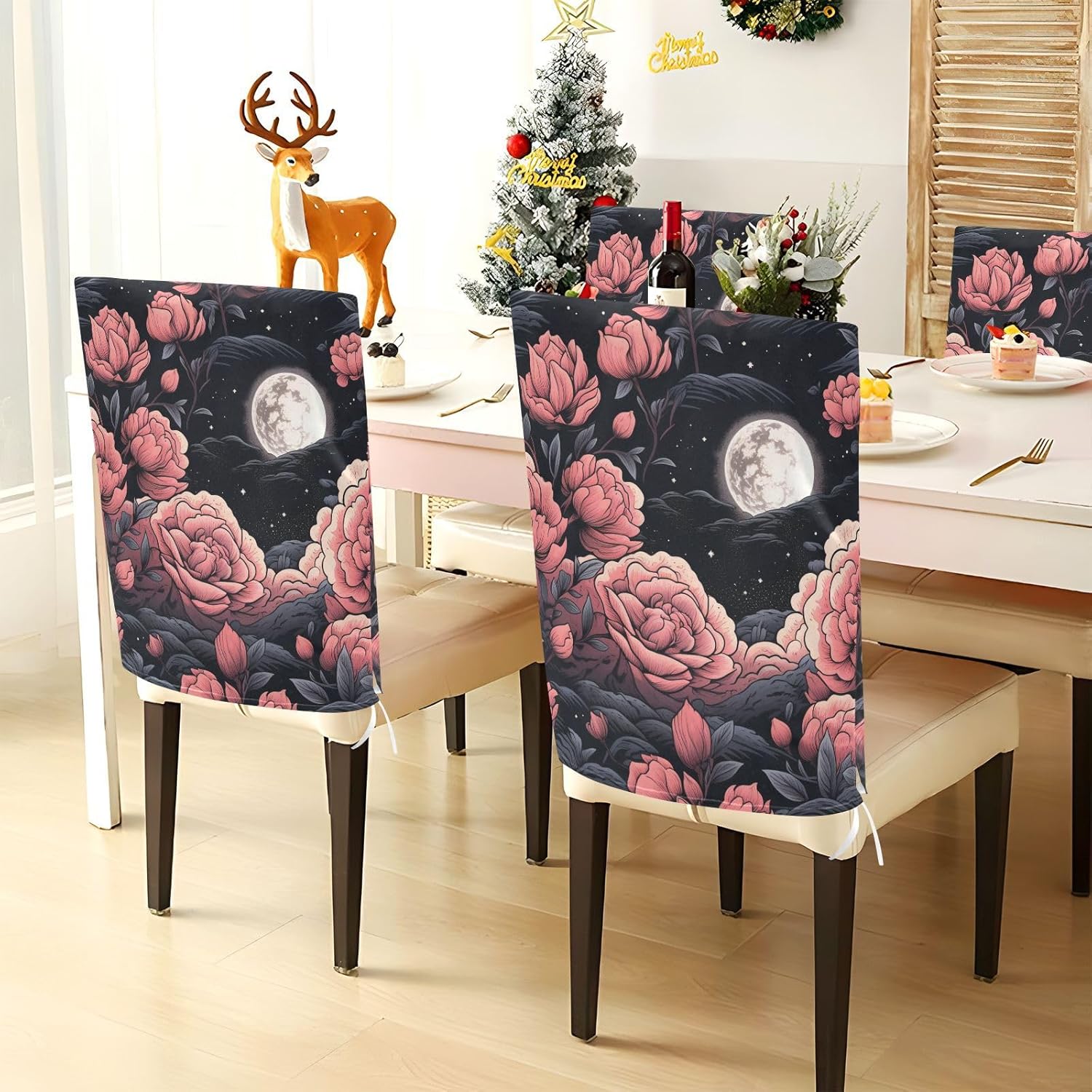 ALAZA Moon Roses Black Chair Back Cover Set of 6, Washable Reusable Removable Chair Slipcovers Decorative Chair Cover for Home Kitchen Wedding Party