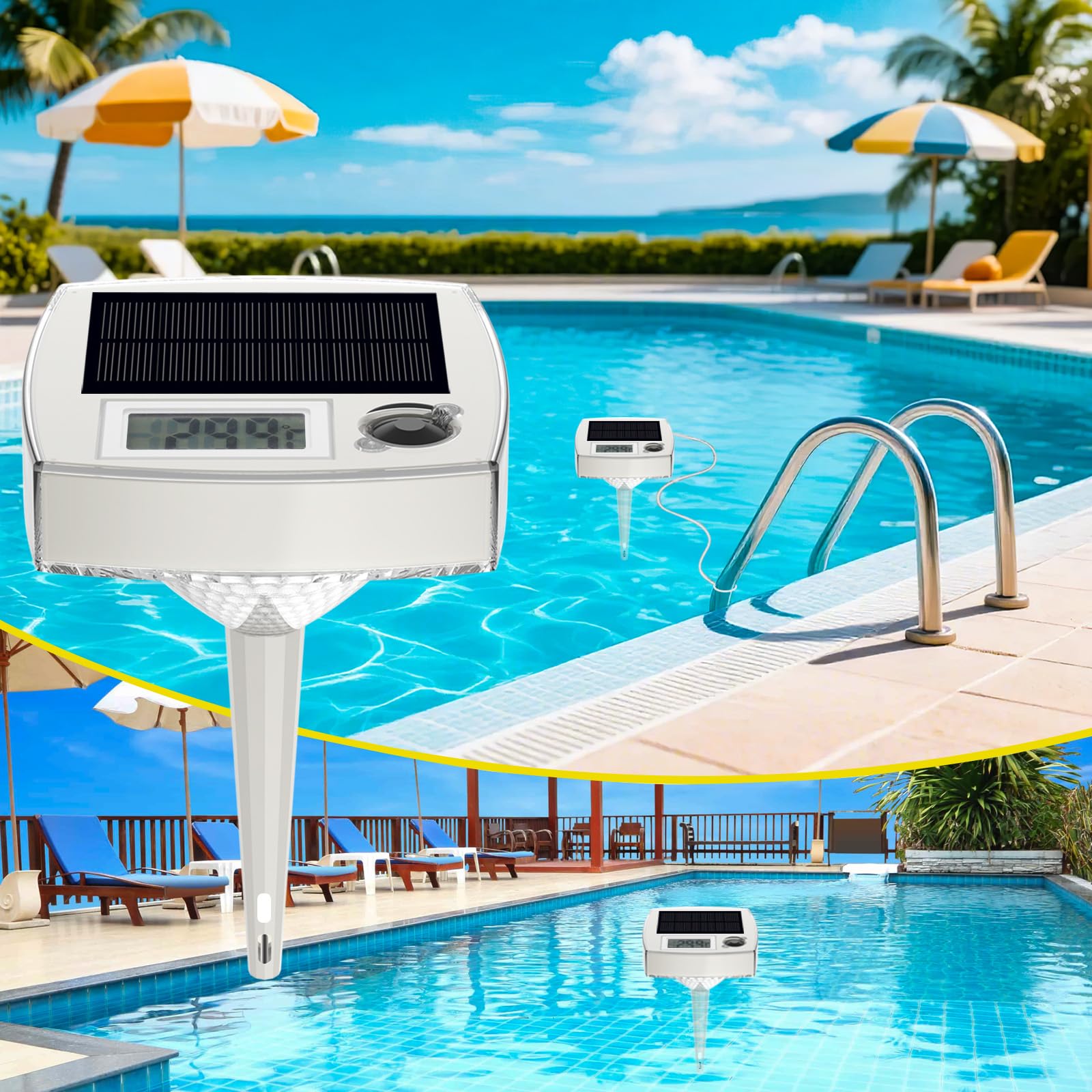 Termómetro de Piscina Digital Solar Flotante con Luz Nocturna RGB - Termómetro de Piscina Impermeable IP68 con Sensores Automáticos Día/Noche, 8 Modos de Luz y Control Manual