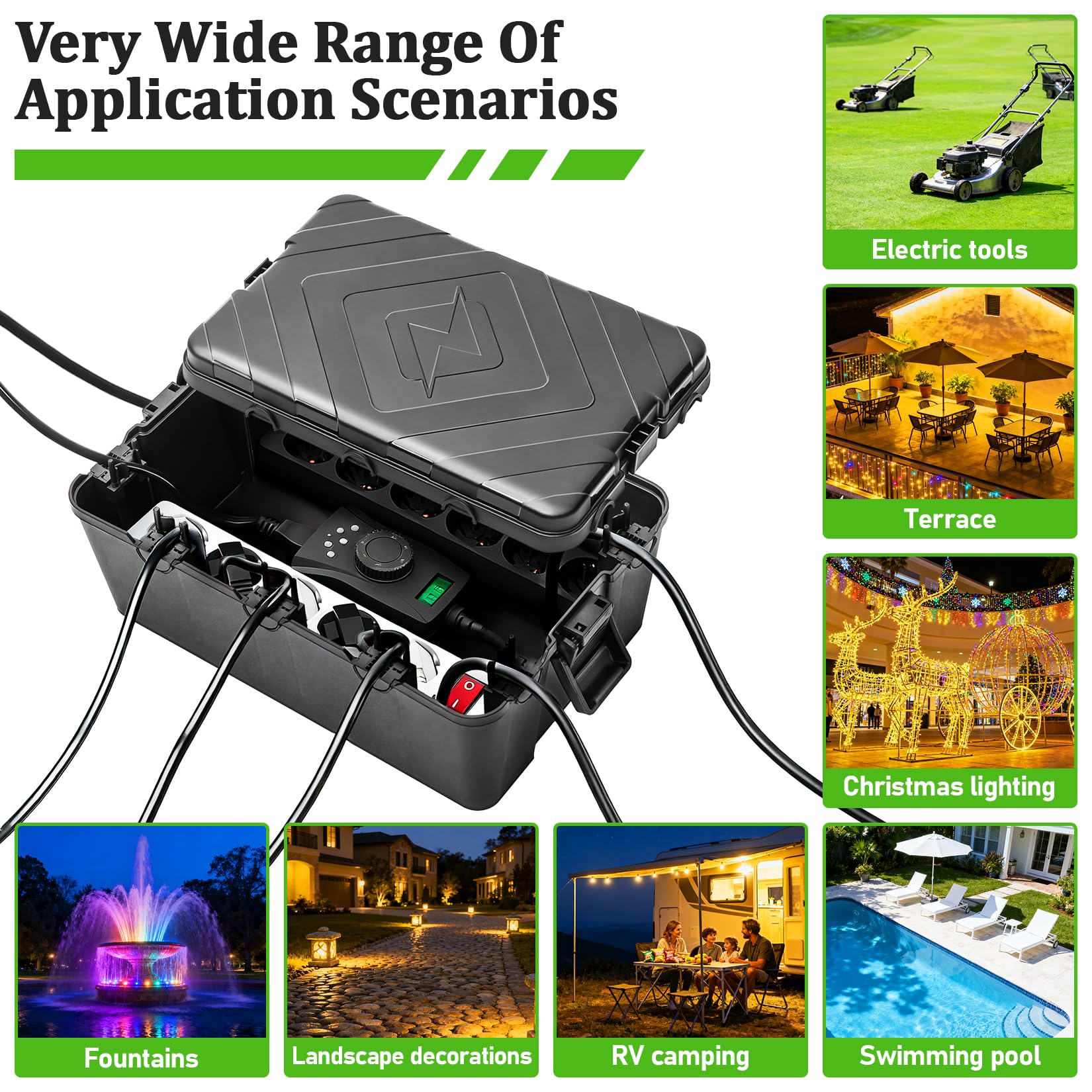 große Kabelbox Wasserdicht IP54 Outdoor Wasserdichte Verteilerdose für Wand/Boden mit 7 Kabeleingängen | Schutzbox für Steckdosenleisten, Verlängerungskabel und Stecker