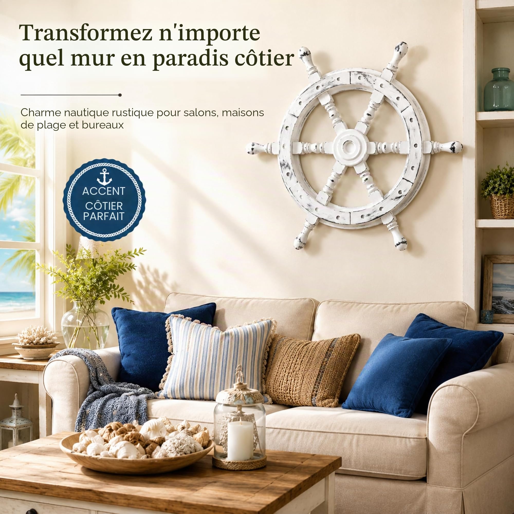 Nagina International Roue de bateau nautique en bois fabriqué à la main - Décoration murale pour la maison (24 pouces, blanc antique)