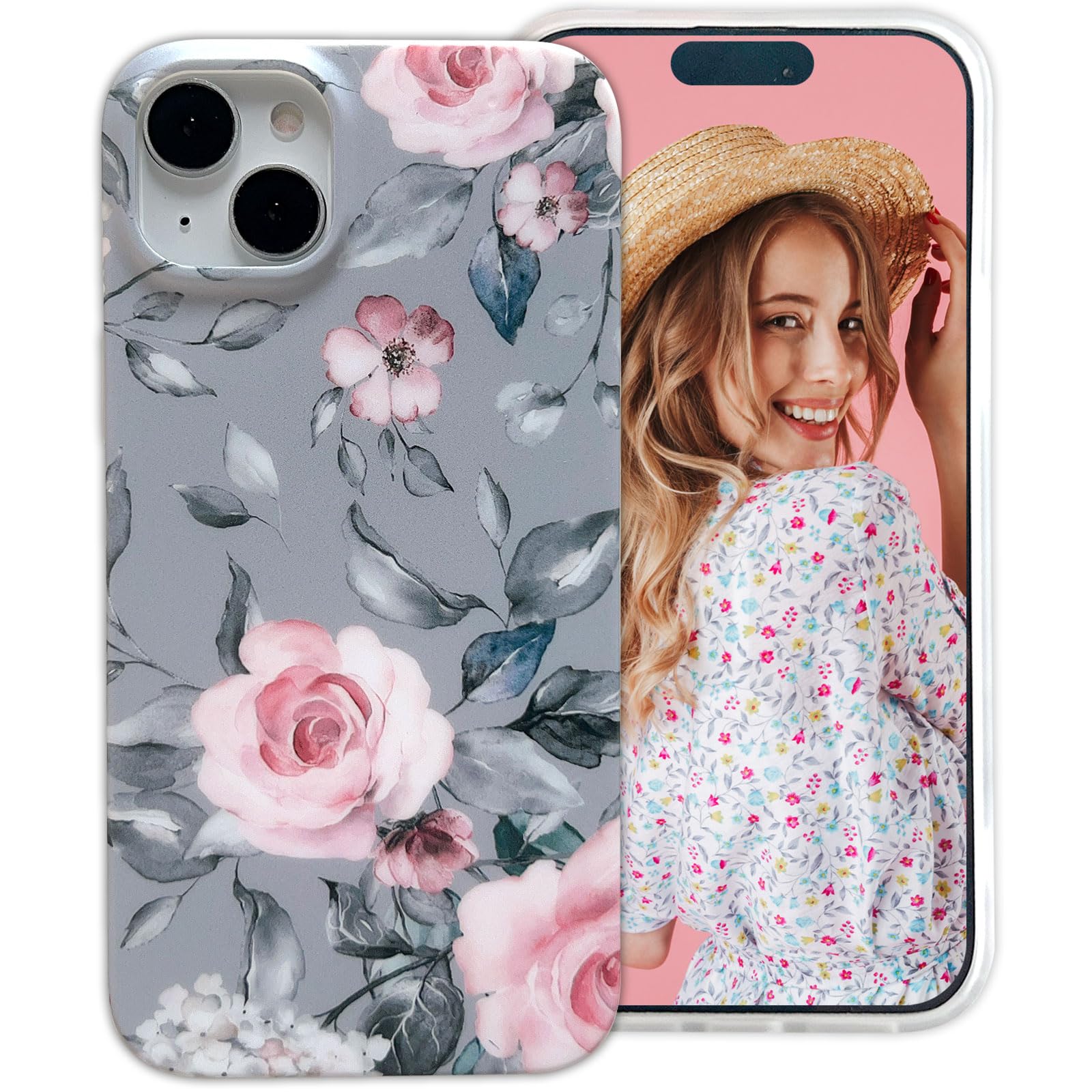 YeLoveHawfor iPhone 15 Plus Case for Women Girls, Soft Slim Full-Around Protective Cute Phone Case, Floral & Purple Gray Leaves Pattern, Compatible with iPhone 15Plus 2023 6.7'' (Pink Flowers)