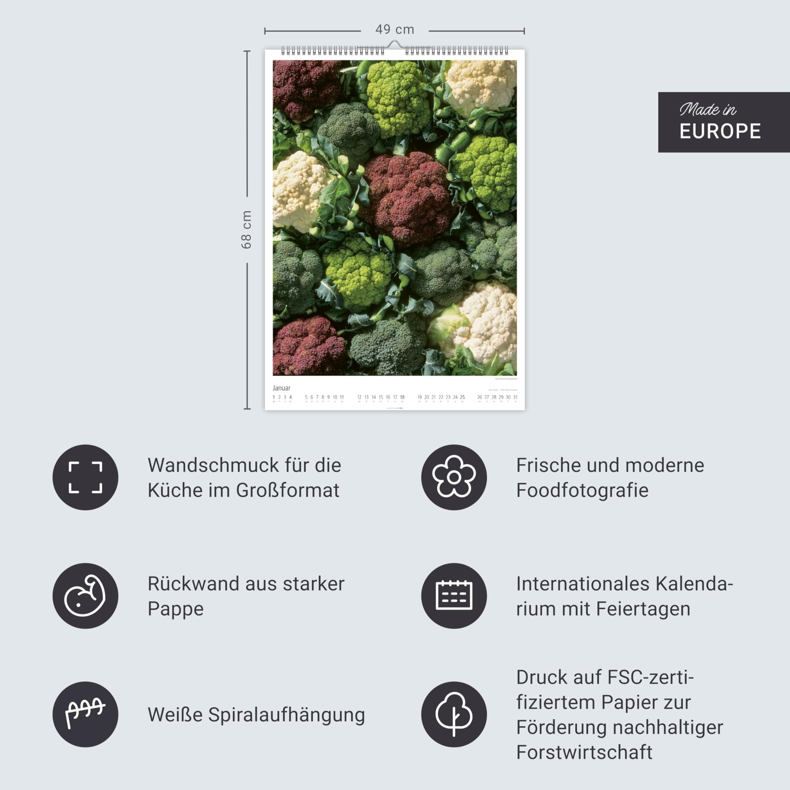 Food Gallery Kalender 2026: Großer Wandkalender mit 12 dekorativen Lifestyle-Fotos für die Küche. Food-Fotografie mit saisonalen Lebensmitteln. 49x68 cm Hochformat.