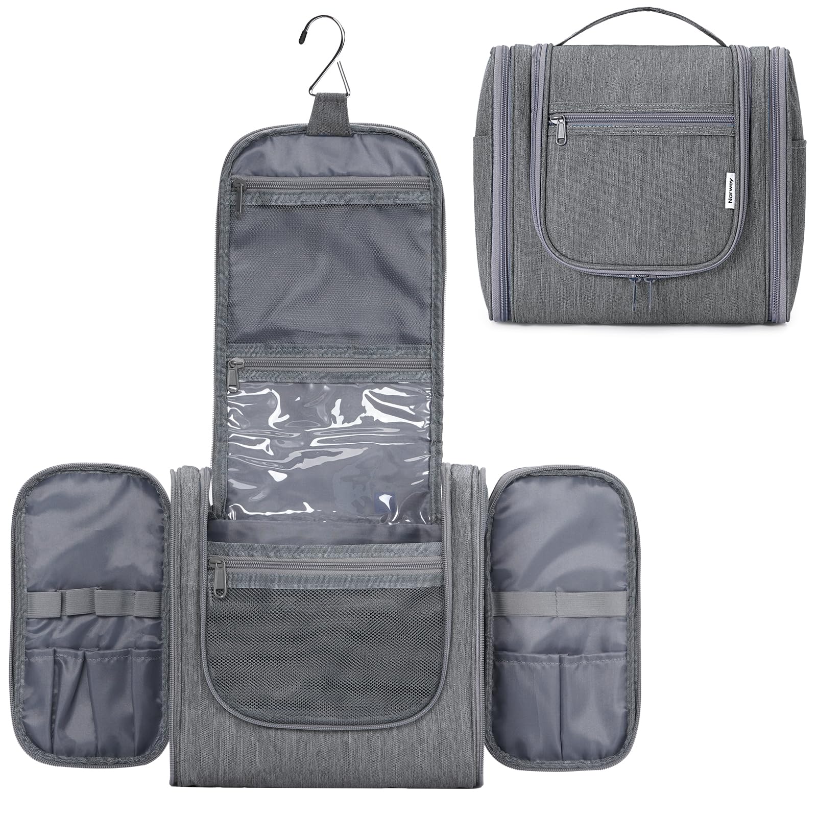 Narwey Hanging Toiletry Bag for Women Travel Makeup Bag Organizer Toiletries Bag Men for Cosmetics Essentials Accessories (Large, Grey)