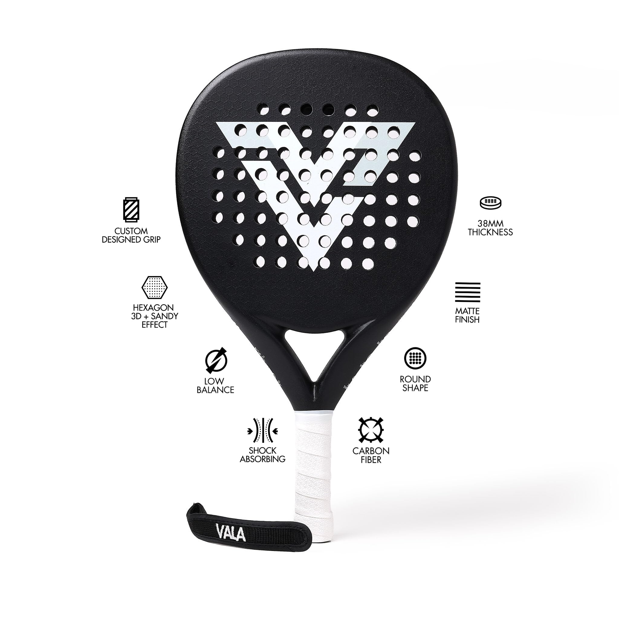 VALA One Padel Racket – Lightweight Paddle Carbon Fiber, Shock-Absorbing Design, Round Shape, Extra Grip Texture for Spin & Control, Pala for Men - Women, Ideal for Beginner to Intermediate Player